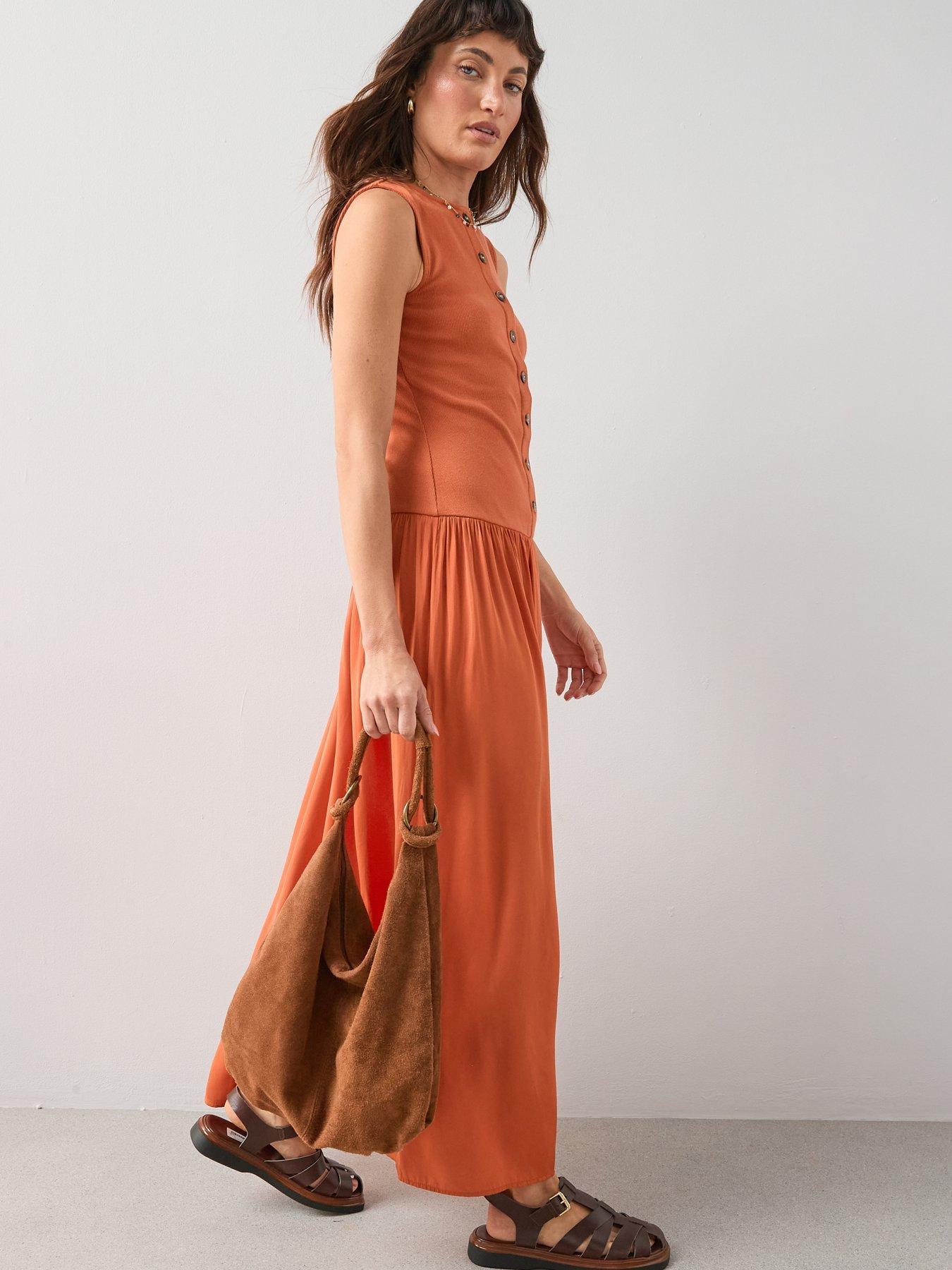  image of the-very-collection-button-through-ribbed-maxi-dress-orange