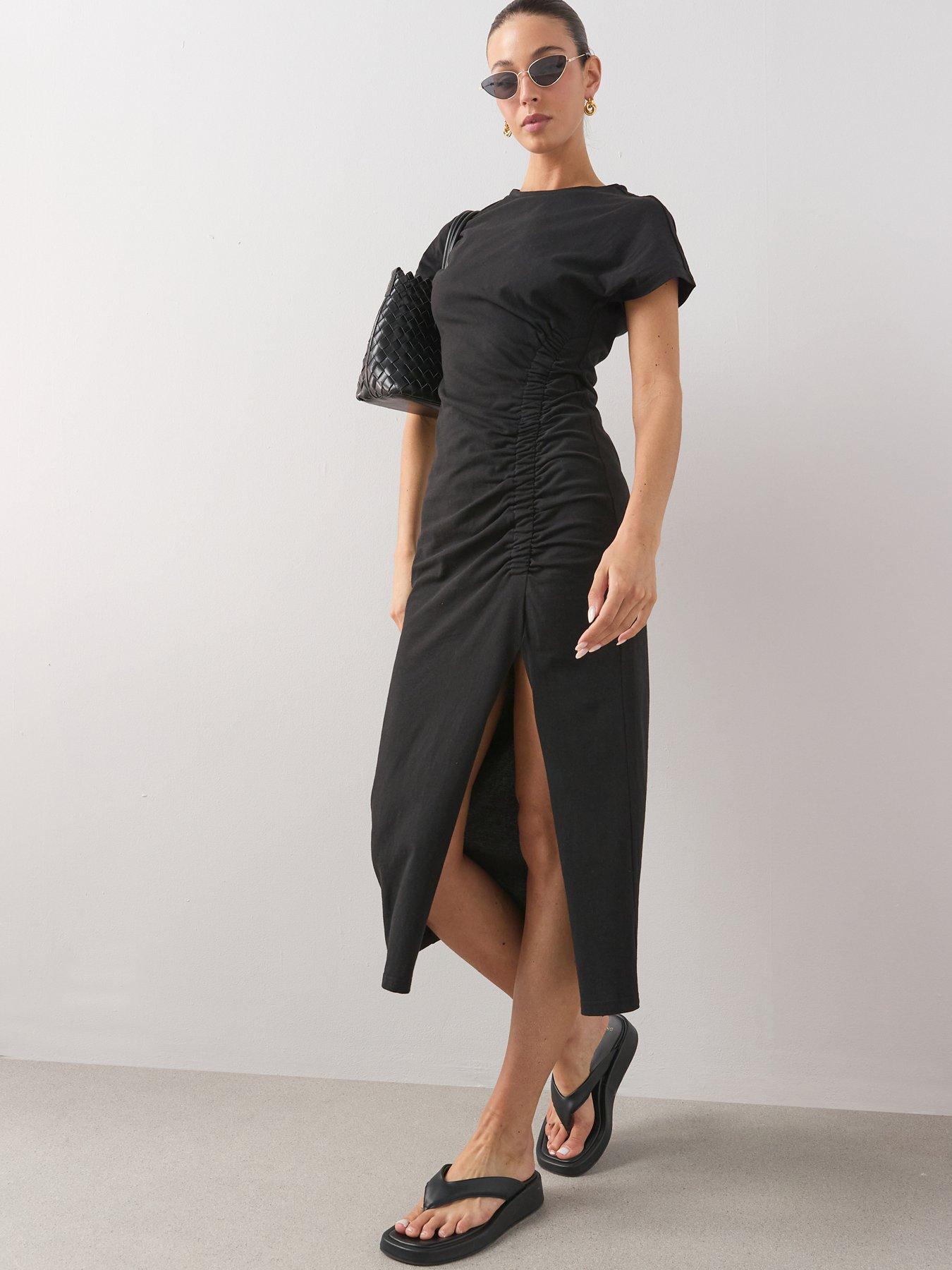  image of the-very-collection-ruched-side-midi-t-shirt-dress-black