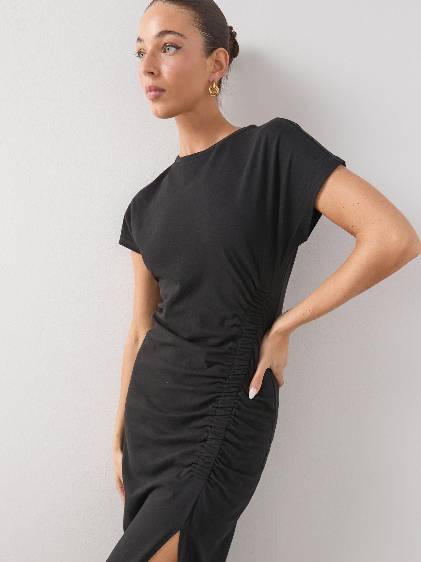  image of the-very-collection-ruched-side-midi-t-shirt-dress-black