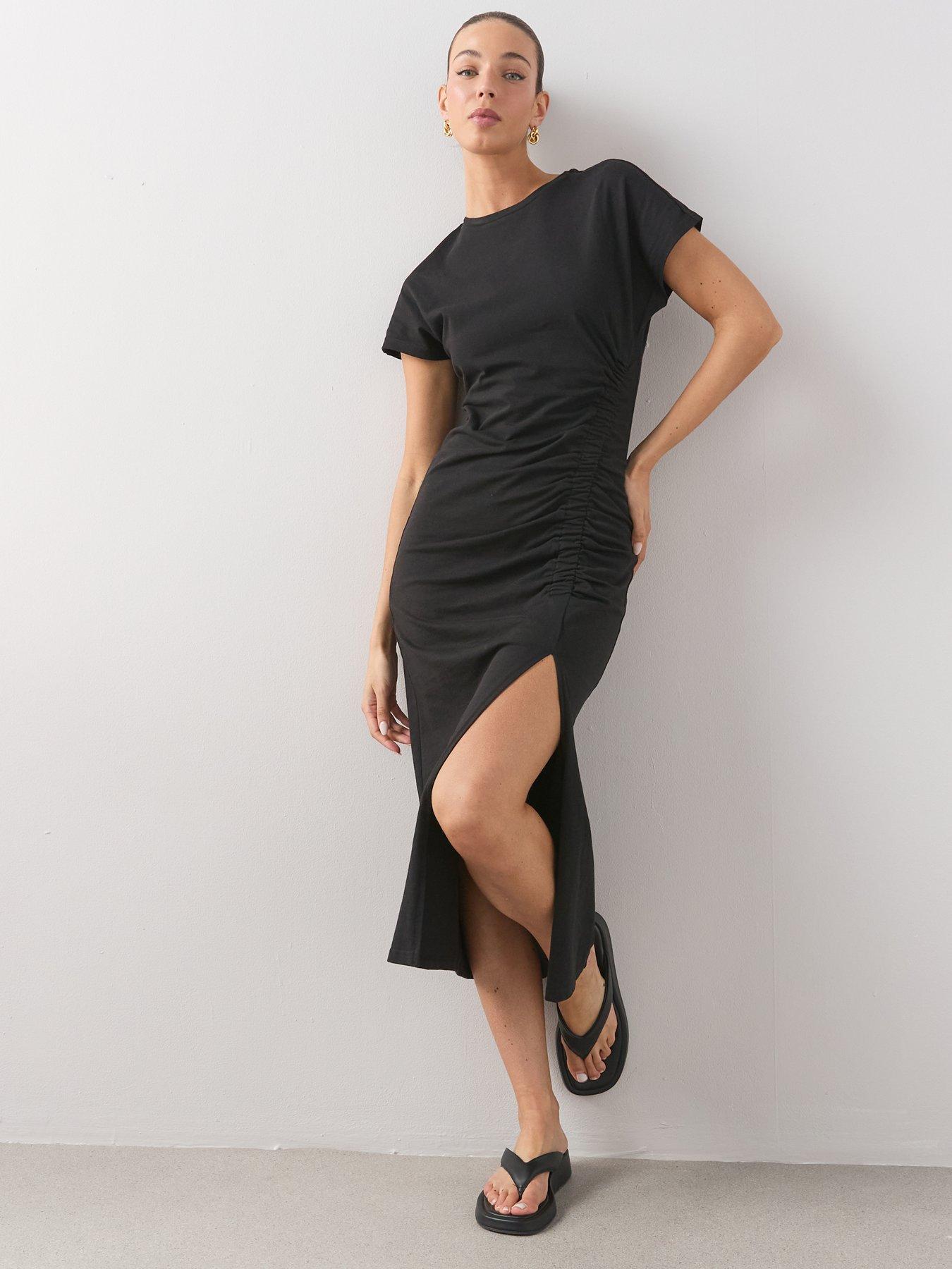  image of the-very-collection-ruched-side-midi-t-shirt-dress-black