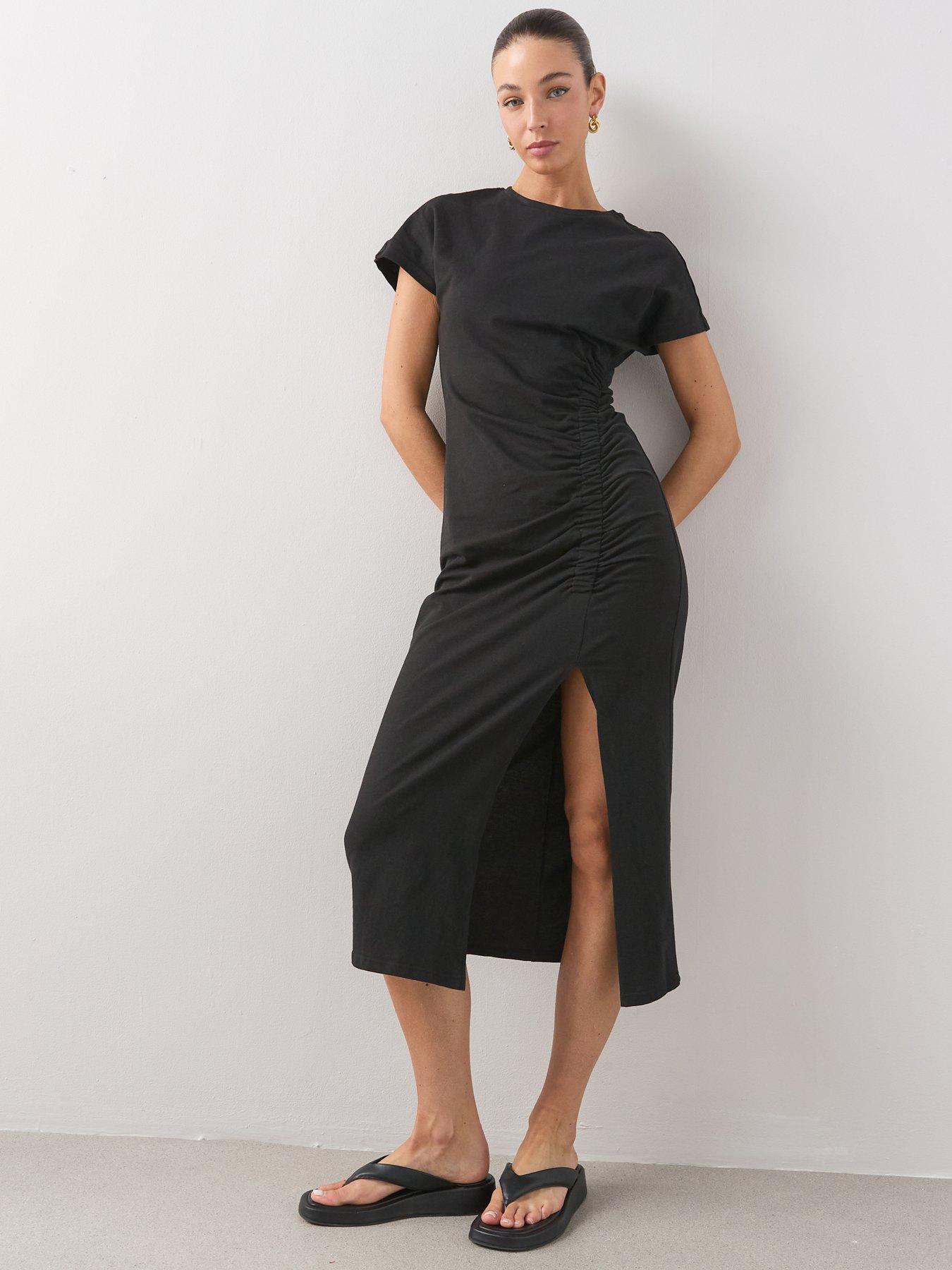  image of the-very-collection-ruched-side-midi-t-shirt-dress-black