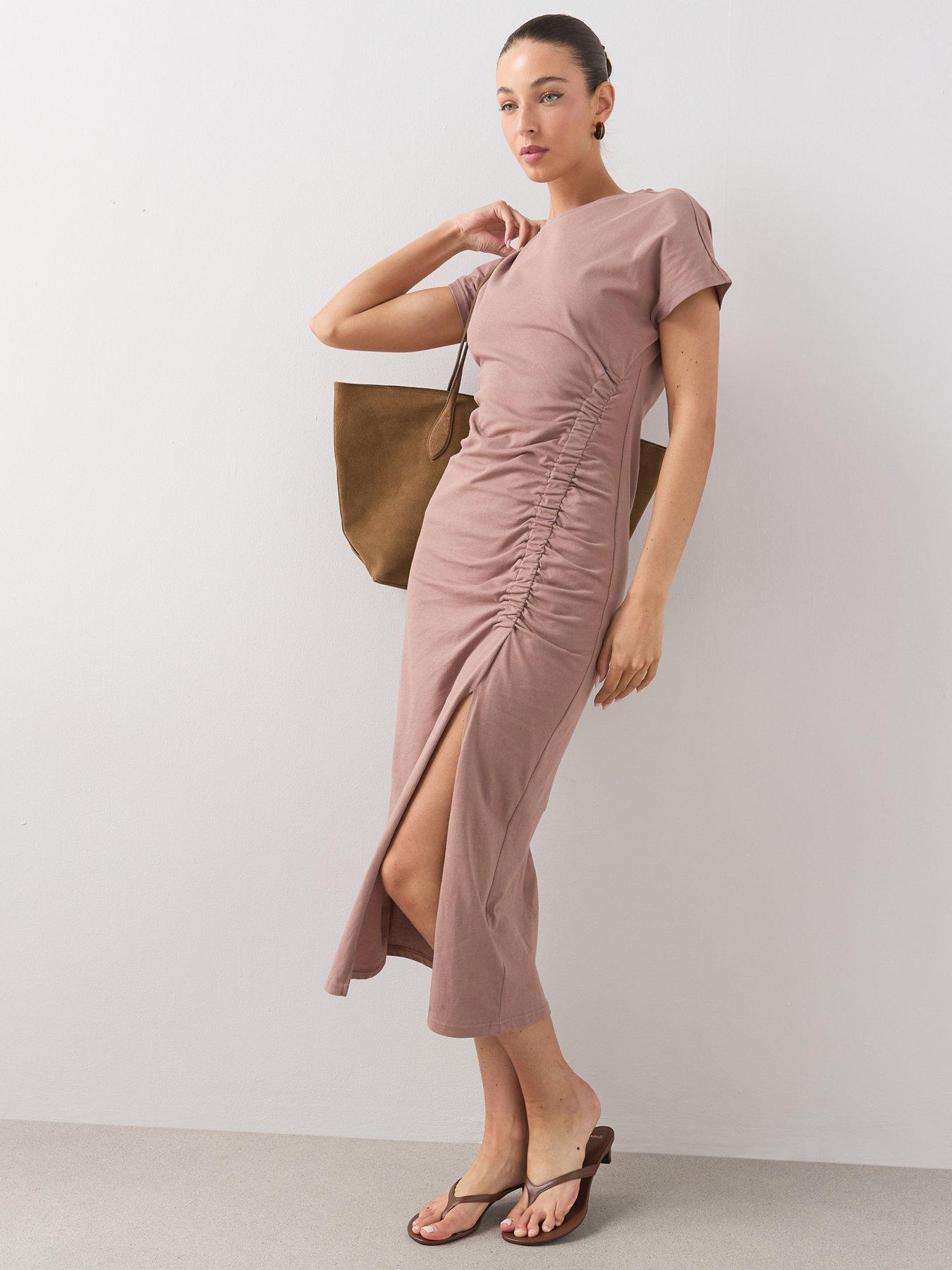 The Very Collection Ruched Side T-Shirt Midi Dress - Neutral