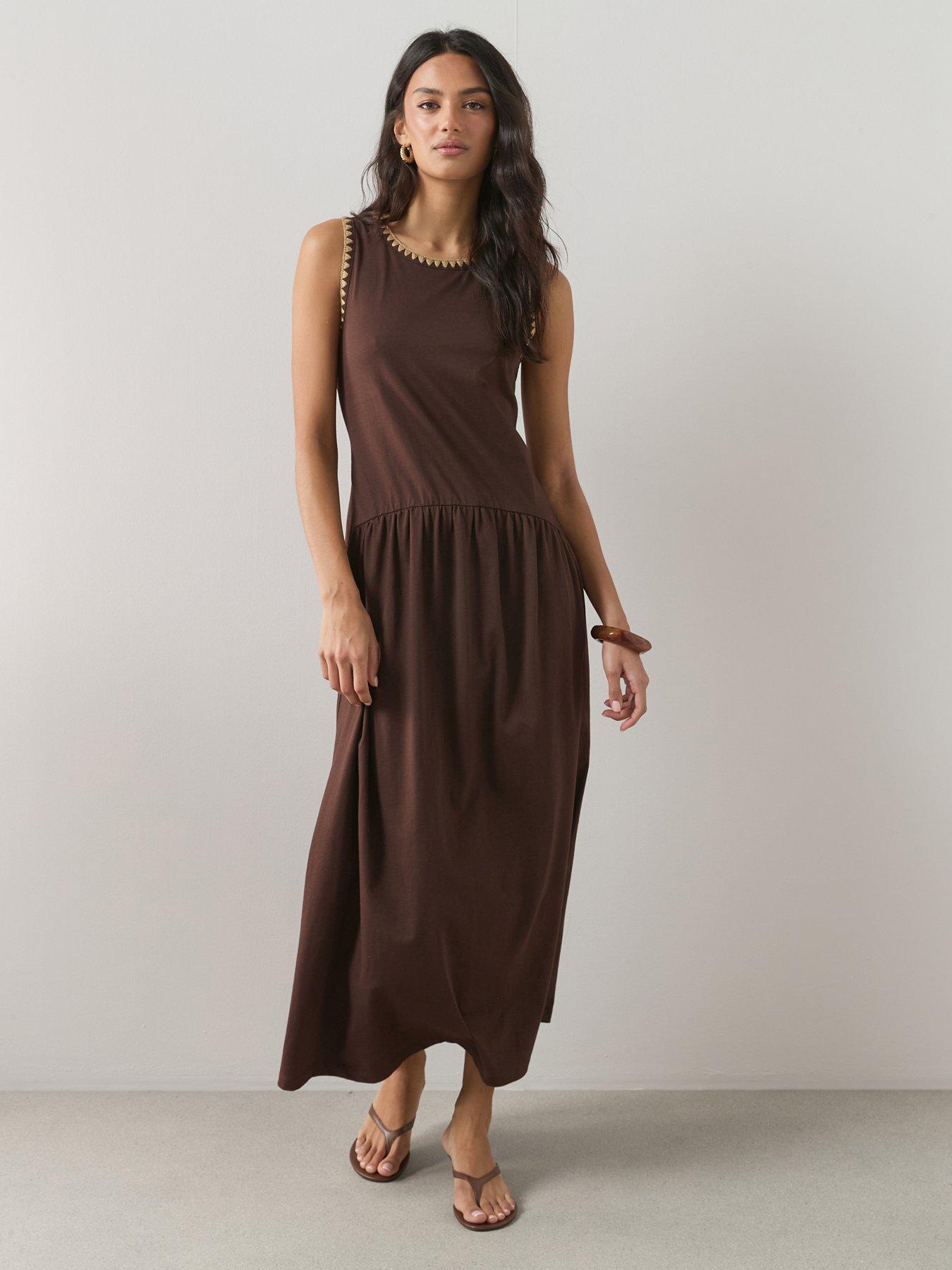 Image 1 of 6 of The Very Collection Neck Trim Drop Waist Midi Dress - Brown
