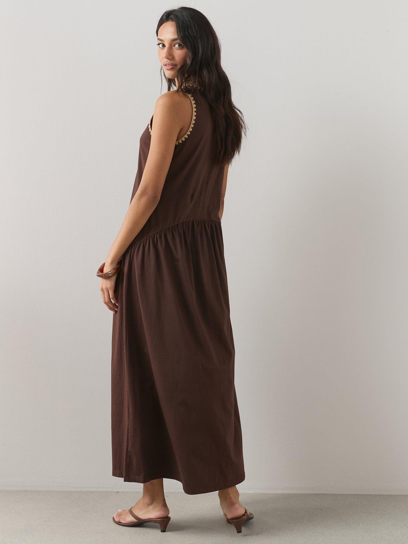 Image 2 of 6 of The Very Collection Neck Trim Drop Waist Midi Dress - Brown