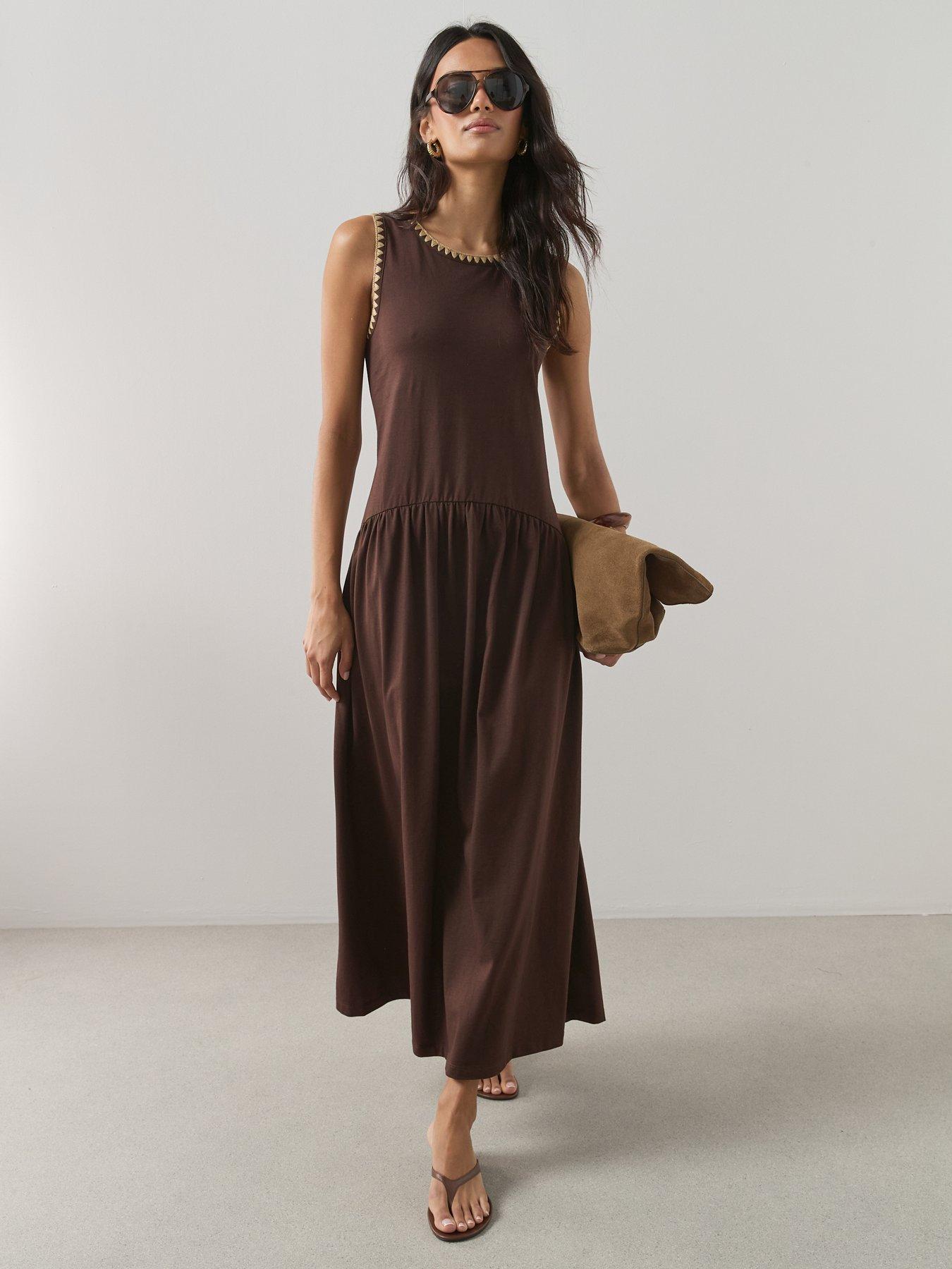 Image 3 of 6 of The Very Collection Neck Trim Drop Waist Midi Dress - Brown