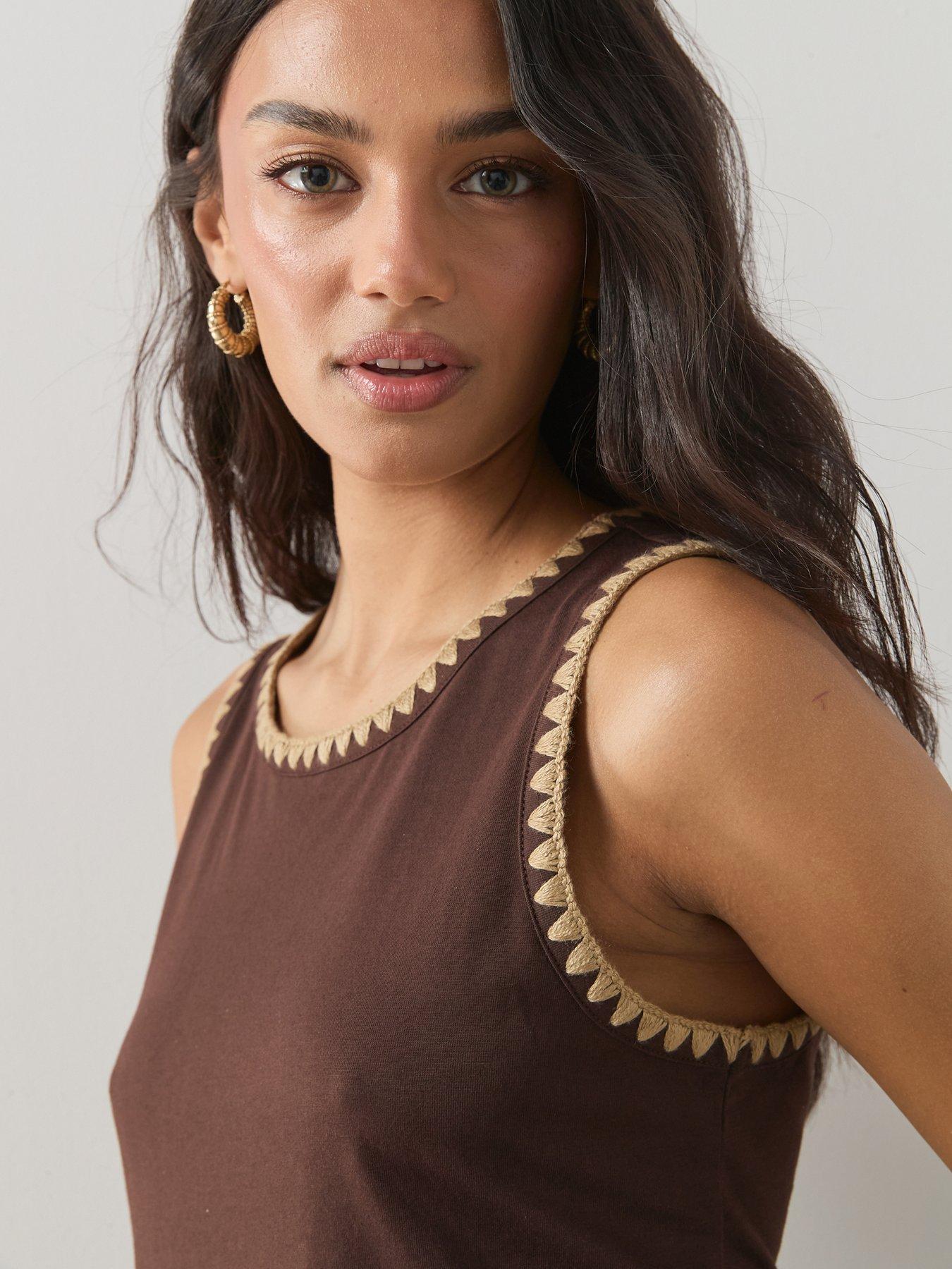 Image 4 of 6 of The Very Collection Neck Trim Drop Waist Midi Dress - Brown
