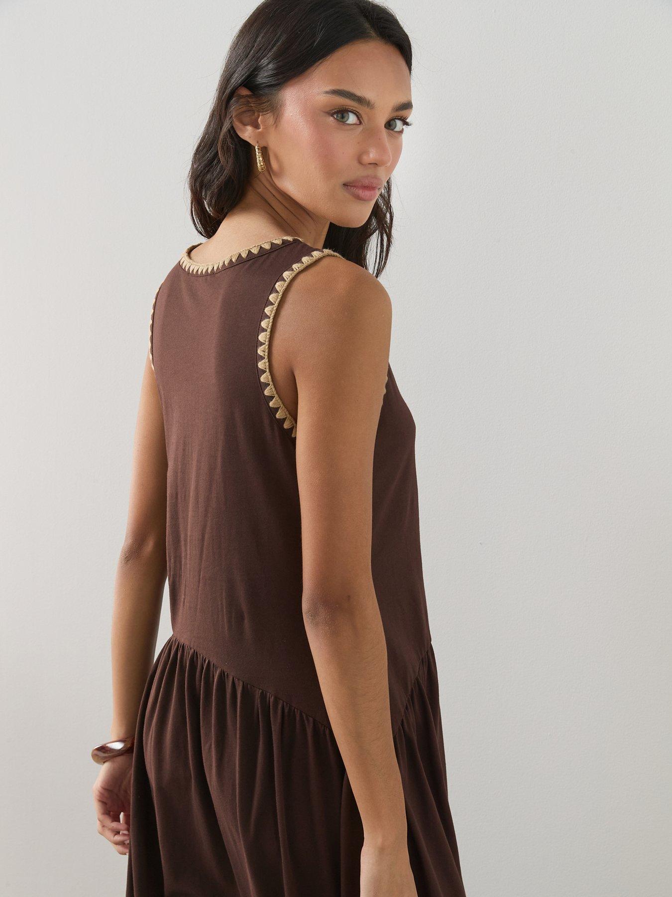 Image 5 of 6 of The Very Collection Neck Trim Drop Waist Midi Dress - Brown