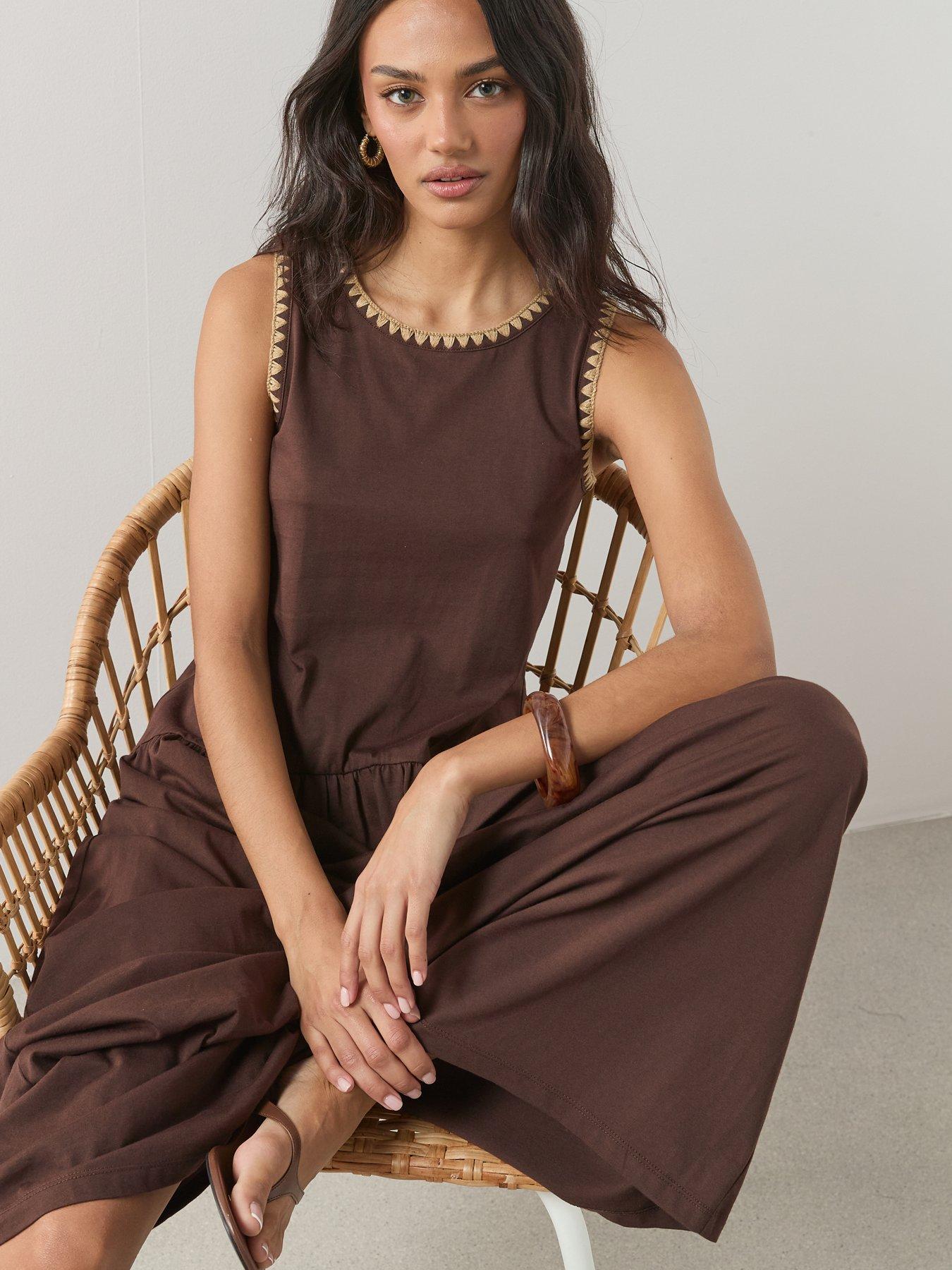Image 6 of 6 of The Very Collection Neck Trim Drop Waist Midi Dress - Brown