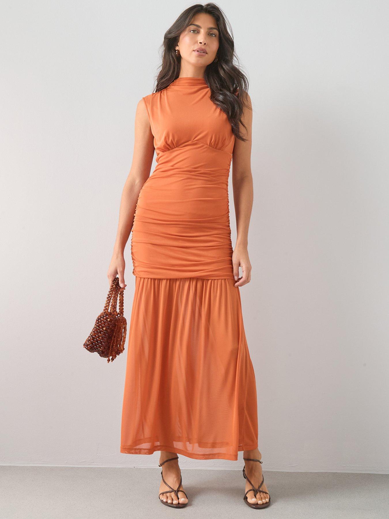 The Very Collection Ruched Mesh Midi Dress - Orange