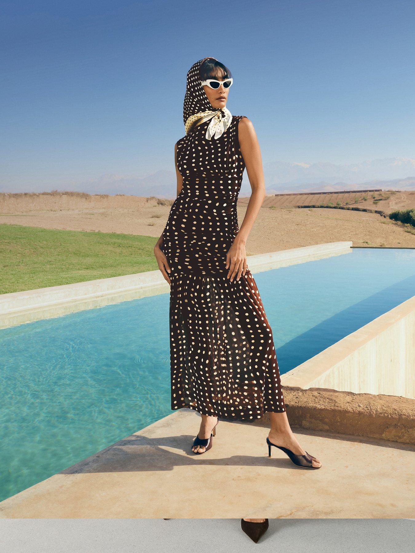 The Very Collection Spot Ruched Mesh Midi Dress - Brown