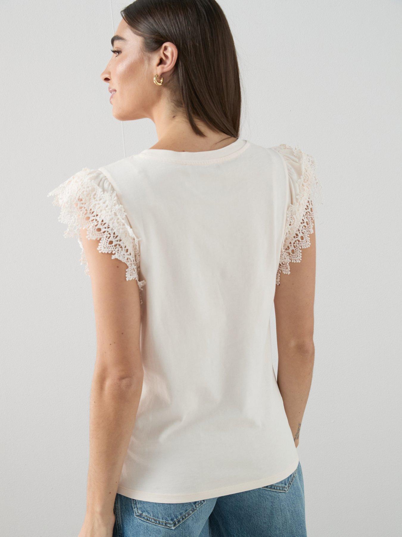 Image 2 of 6 of The Very Collection Lace Trim Tee - Cream