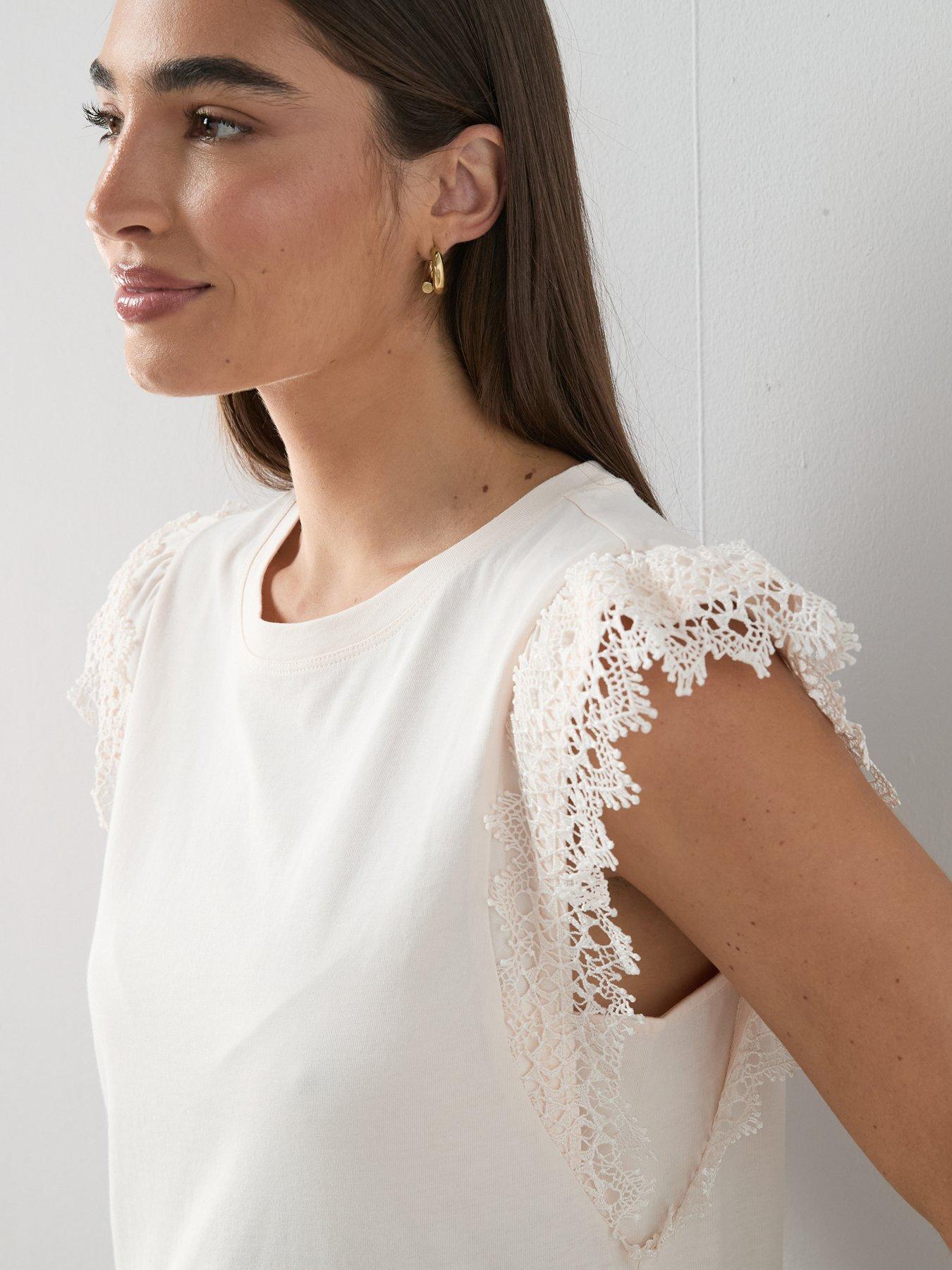 Image 4 of 6 of The Very Collection Lace Trim Tee - Cream