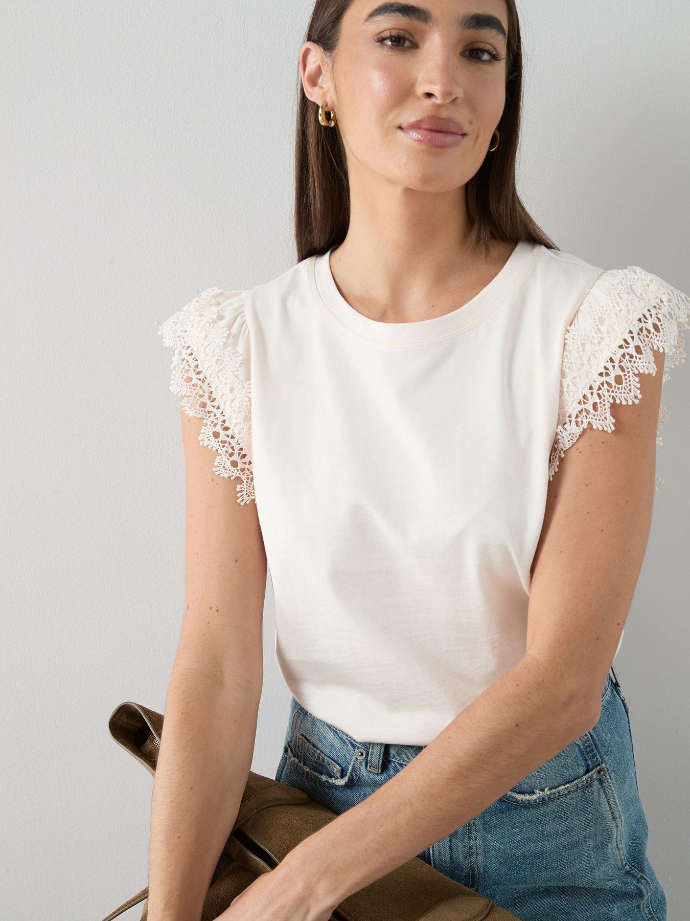 Image 5 of 6 of The Very Collection Lace Trim Tee - Cream