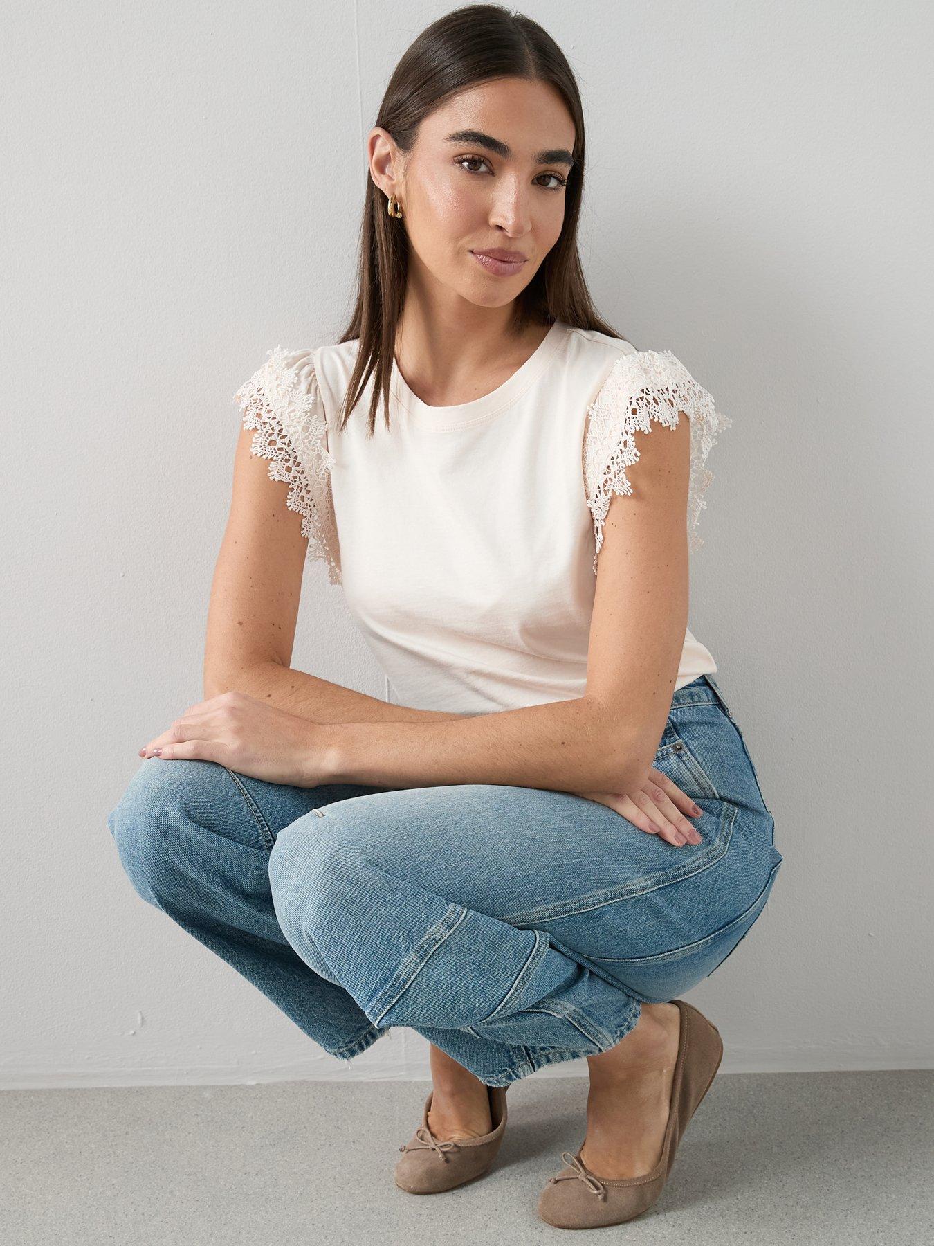 Image 6 of 6 of The Very Collection Lace Trim Tee - Cream