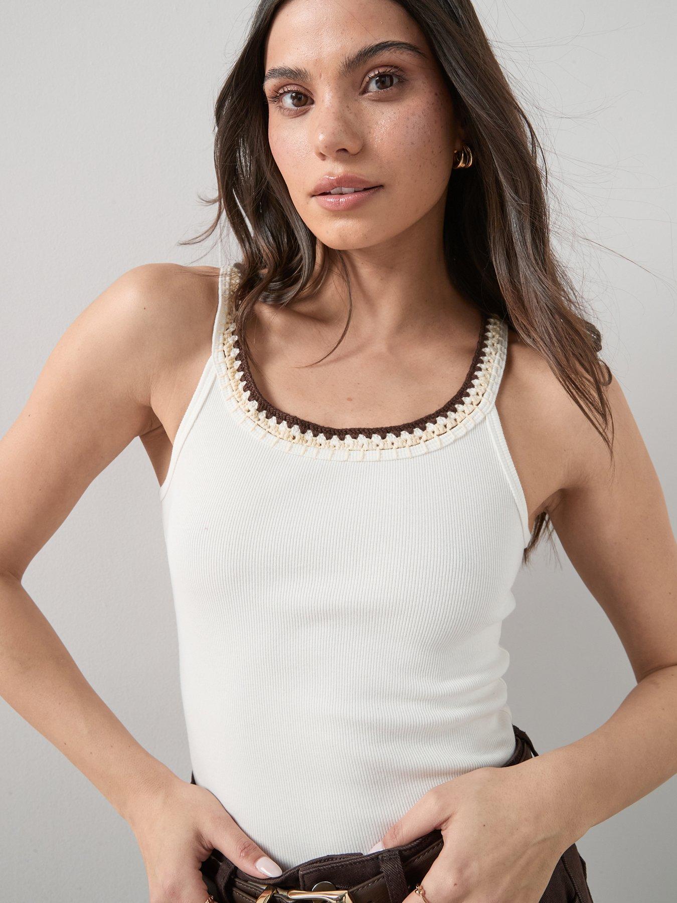 The Very Collection Crochet Neck Trim Racer Vest - Cream