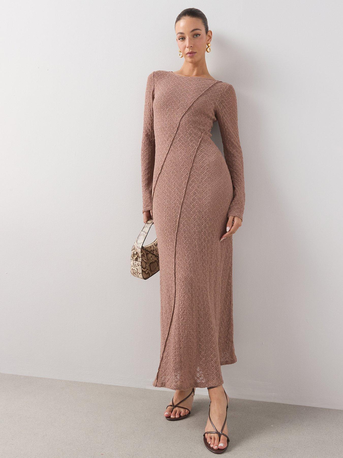 The Very Collection Textured Long Sleeve Midi Dress - Taupe