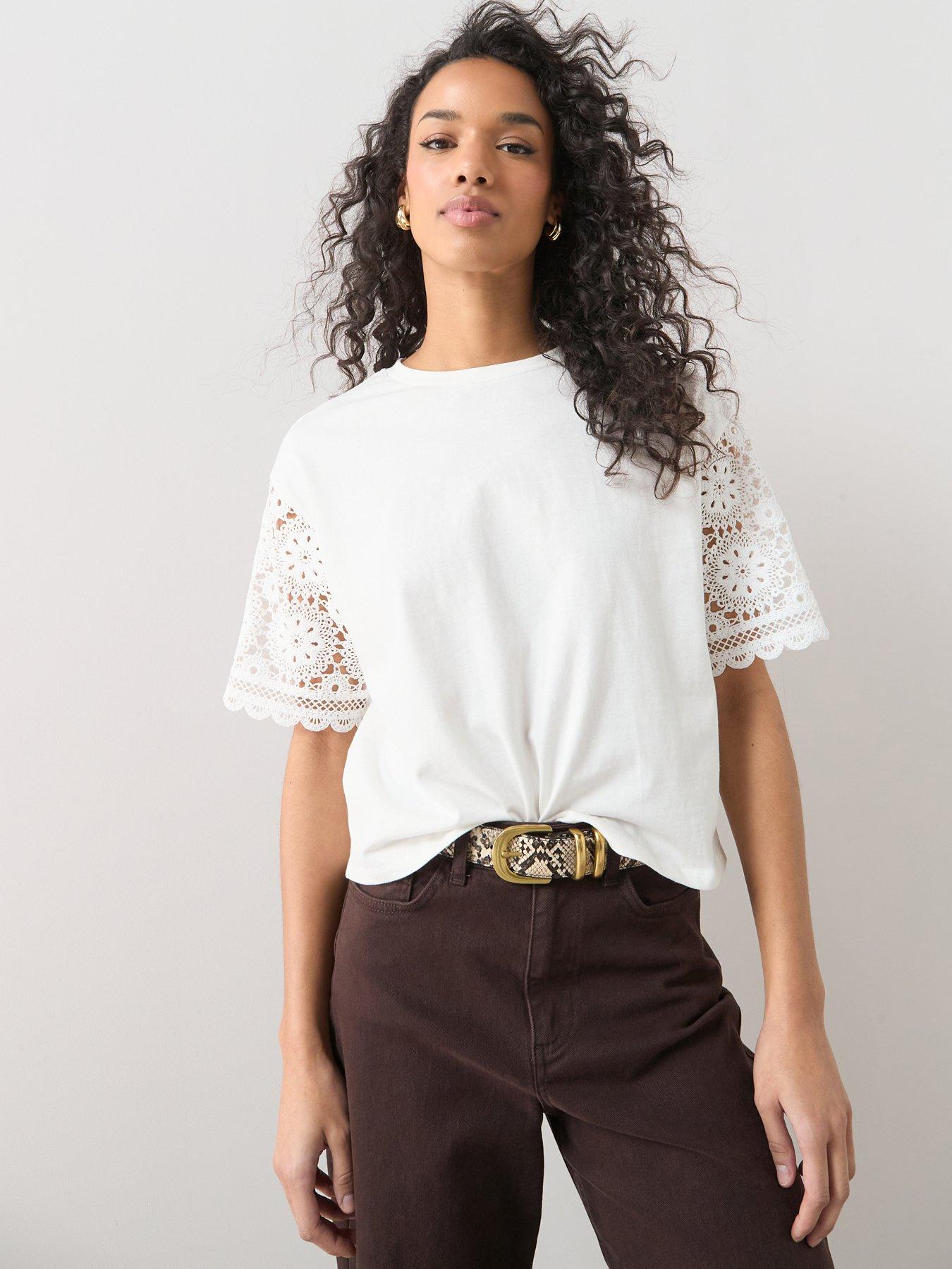 The Very Collection Crochet Sleeve Oversized T-Shirt - White