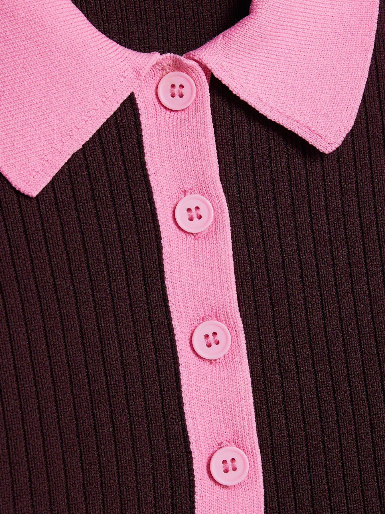 Image 6 of 6 of River Island Long Sleeve Ribbed Polo Top - Brown