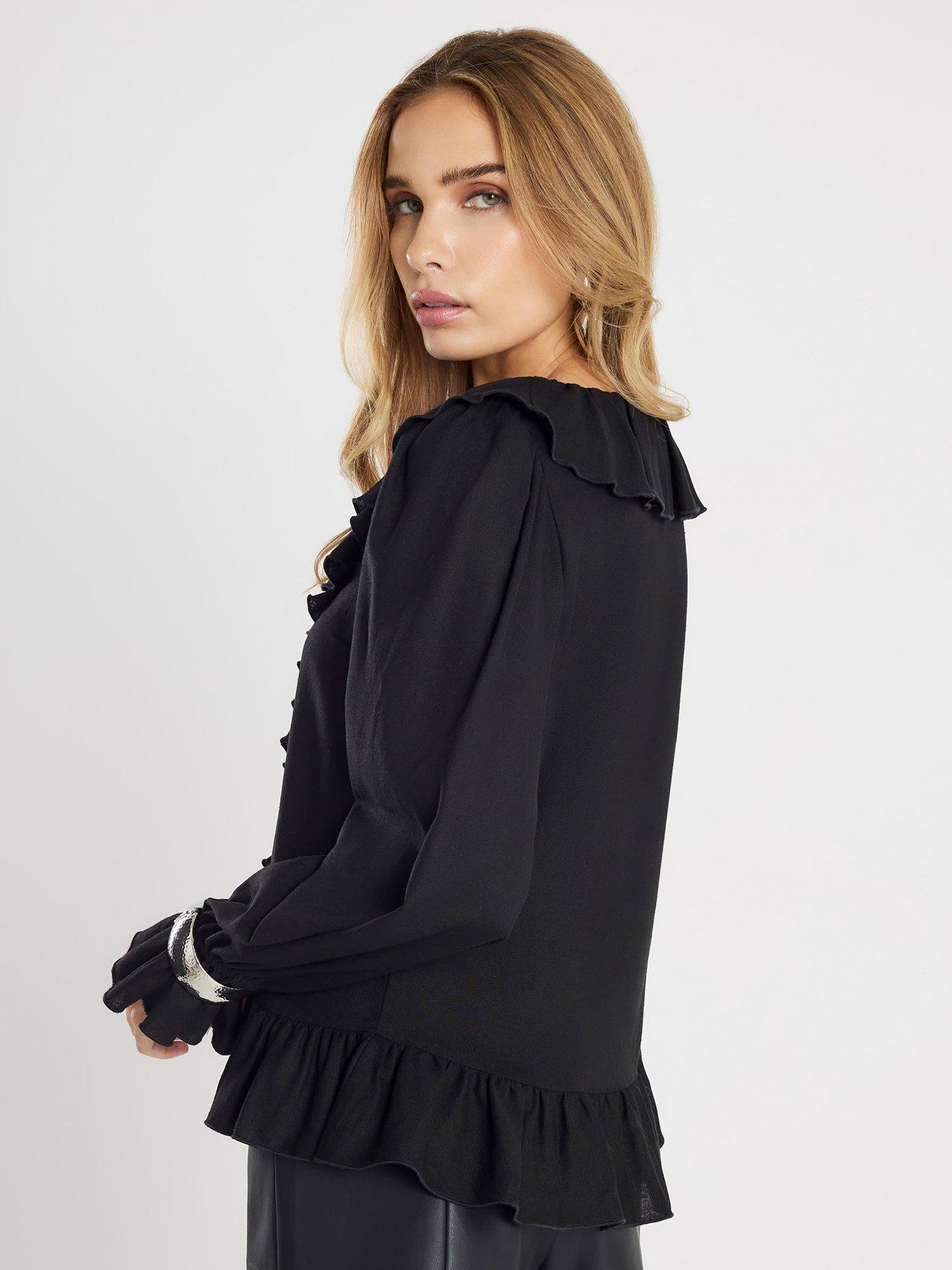 Image 2 of 4 of River Island Long Sleeve Ruffle Blouse - Black
