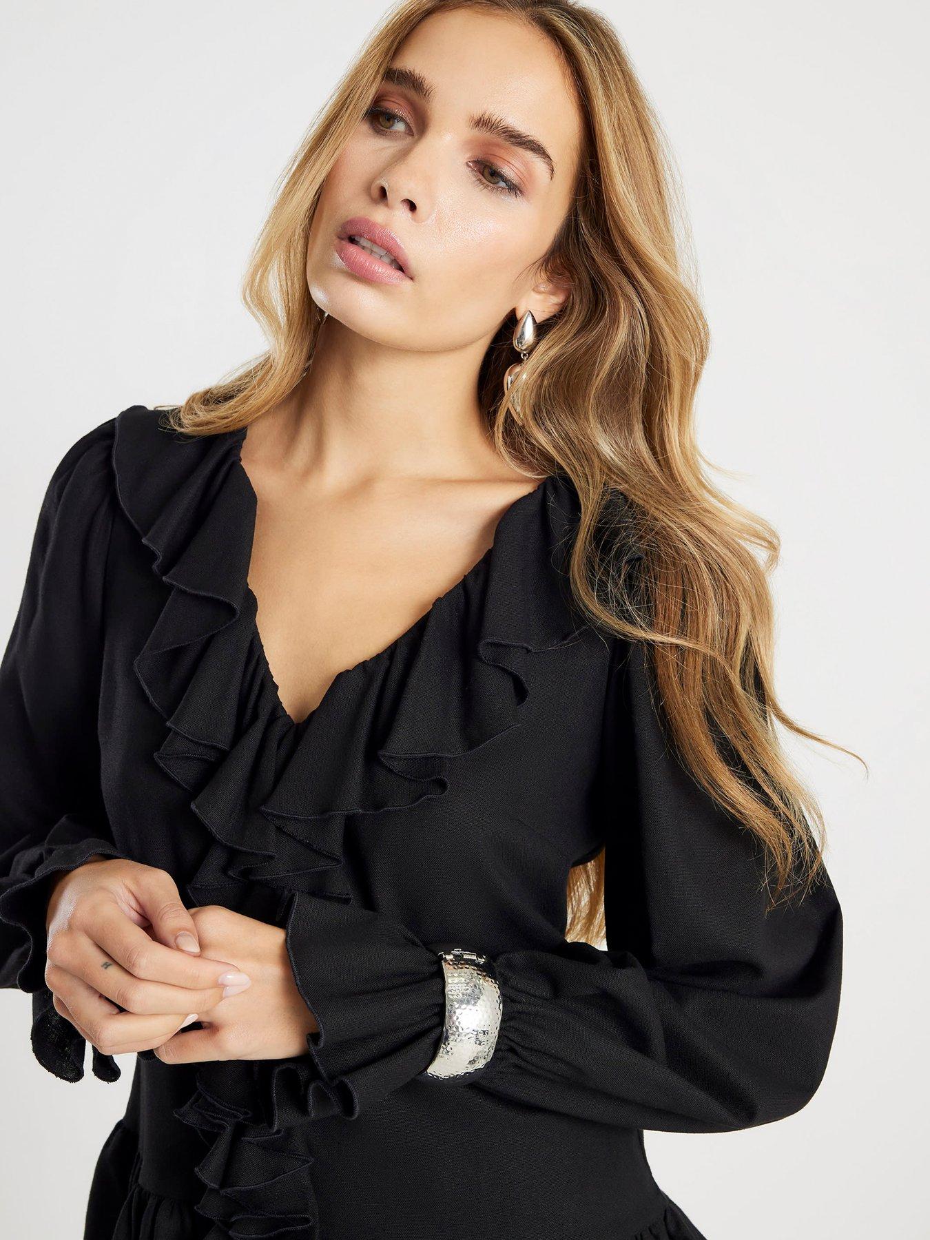 Image 4 of 4 of River Island Long Sleeve Ruffle Blouse - Black