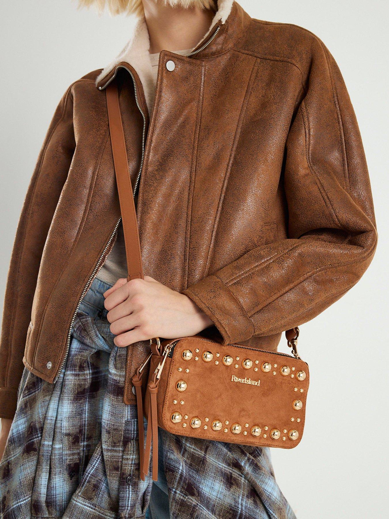 River Island Studded Camera Crossbody Bag - Brown