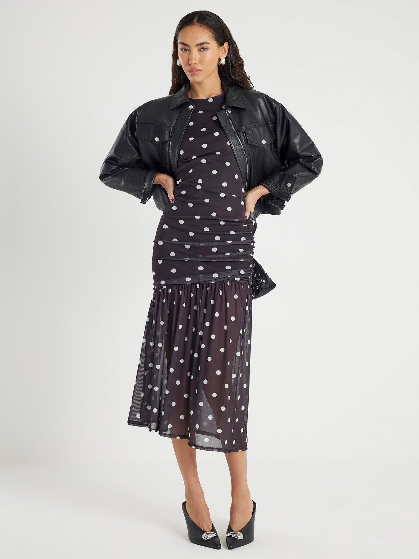  image of river-island-long-sleeve-ruched-spot-mesh-maxi-dress-black