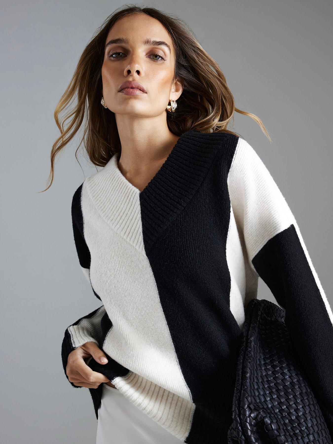 River Island V Neck Stripe Jumper - Black/White