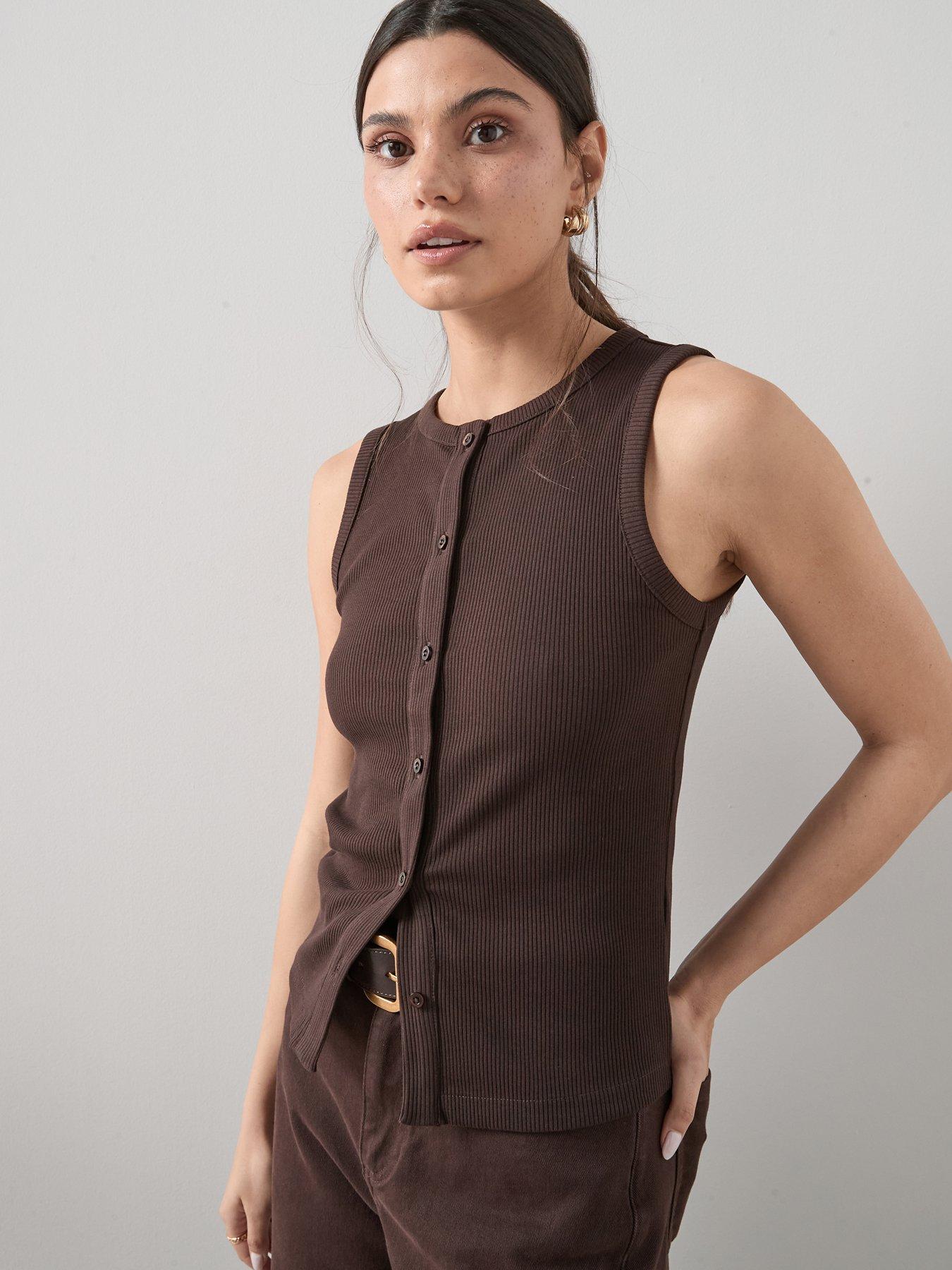 Image 1 of 6 of The Very Collection Button Through Ribbed Vest - Brown