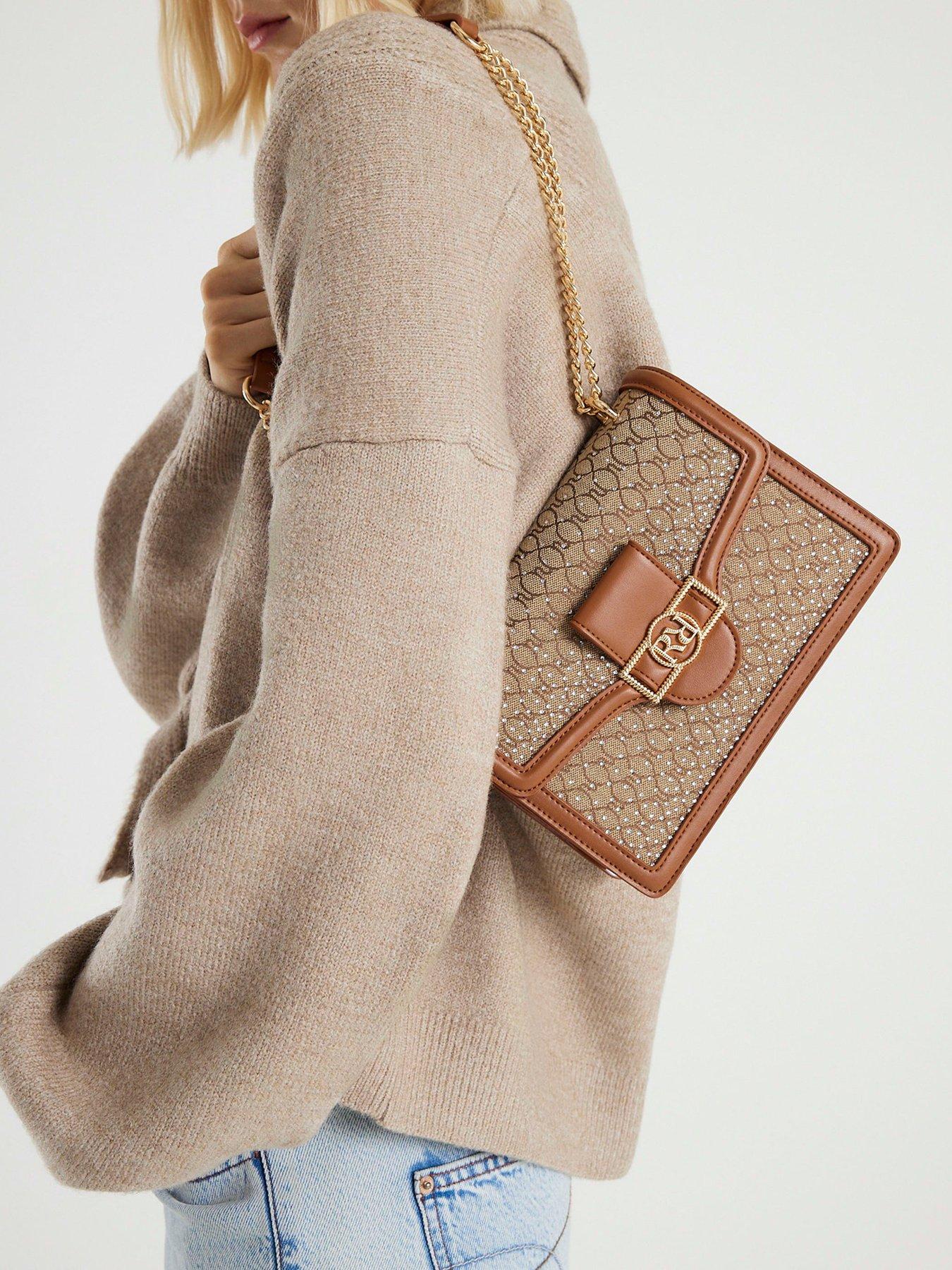 River Island Diamante Panelled Shoulder Bag - Beige