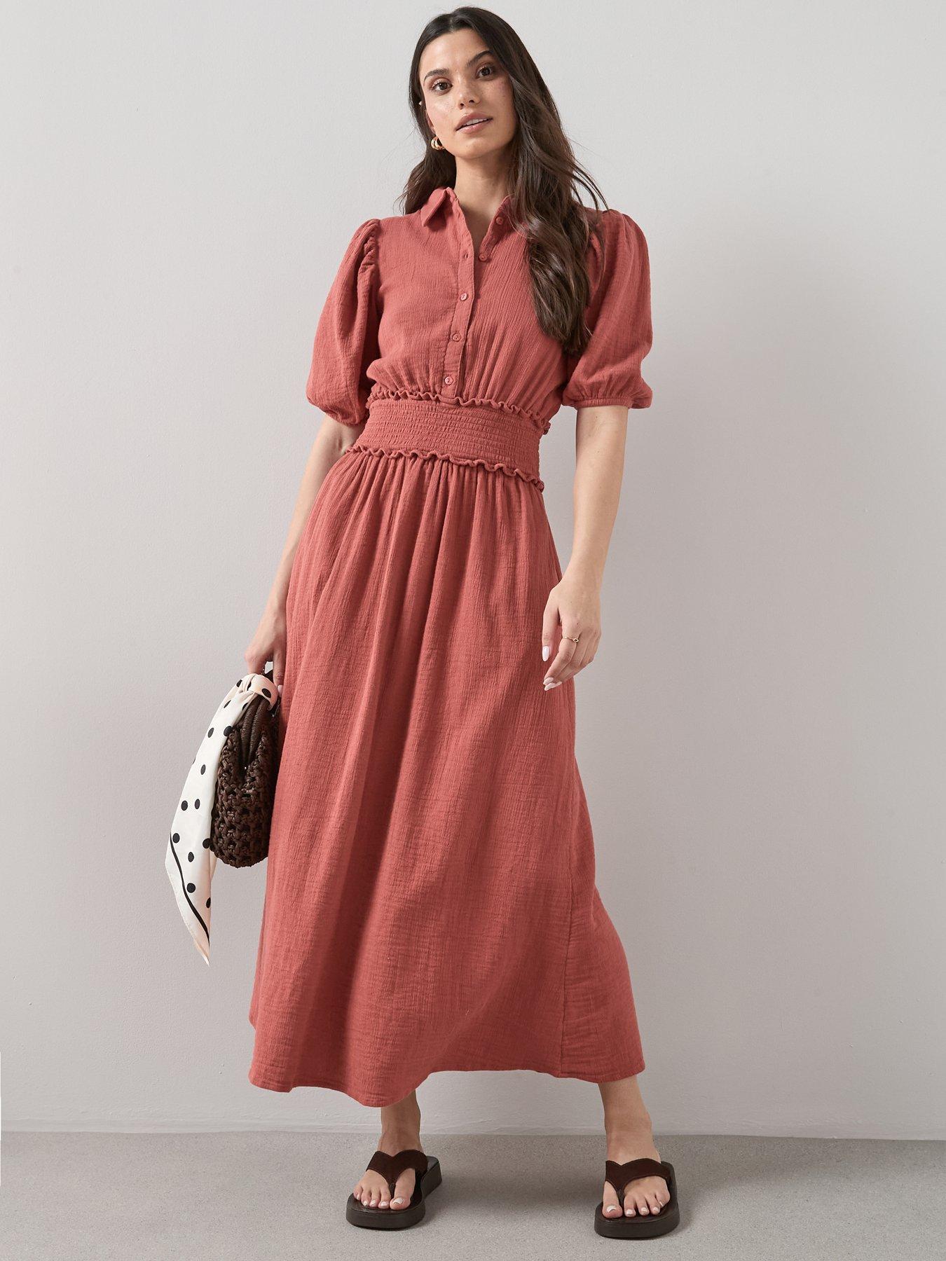The Very Collection Cheesecloth Puff Sleeve Midi Dress - Clay