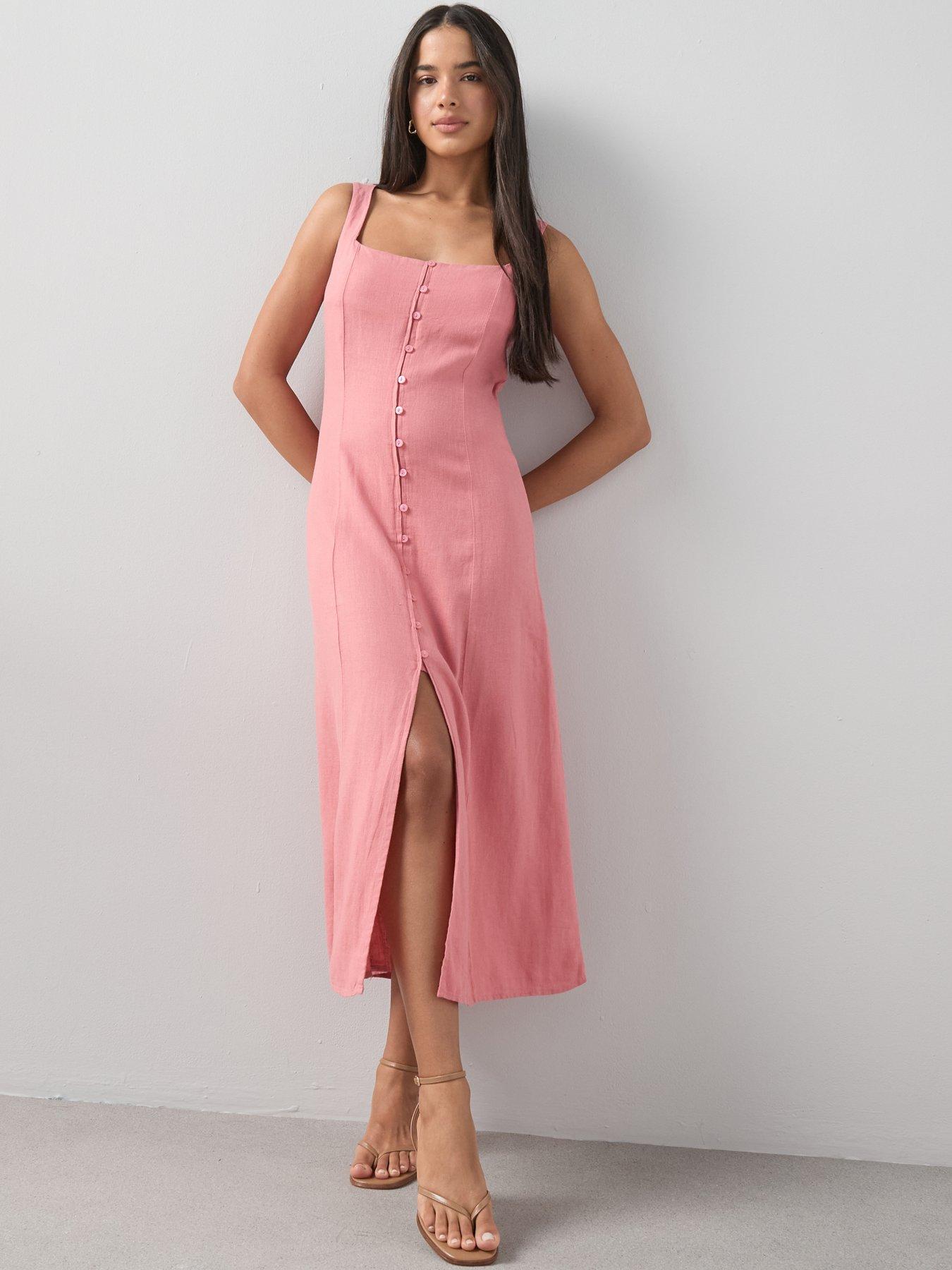 The Very Collection Linen Blend Button Through Midaxi Dress - Coral
