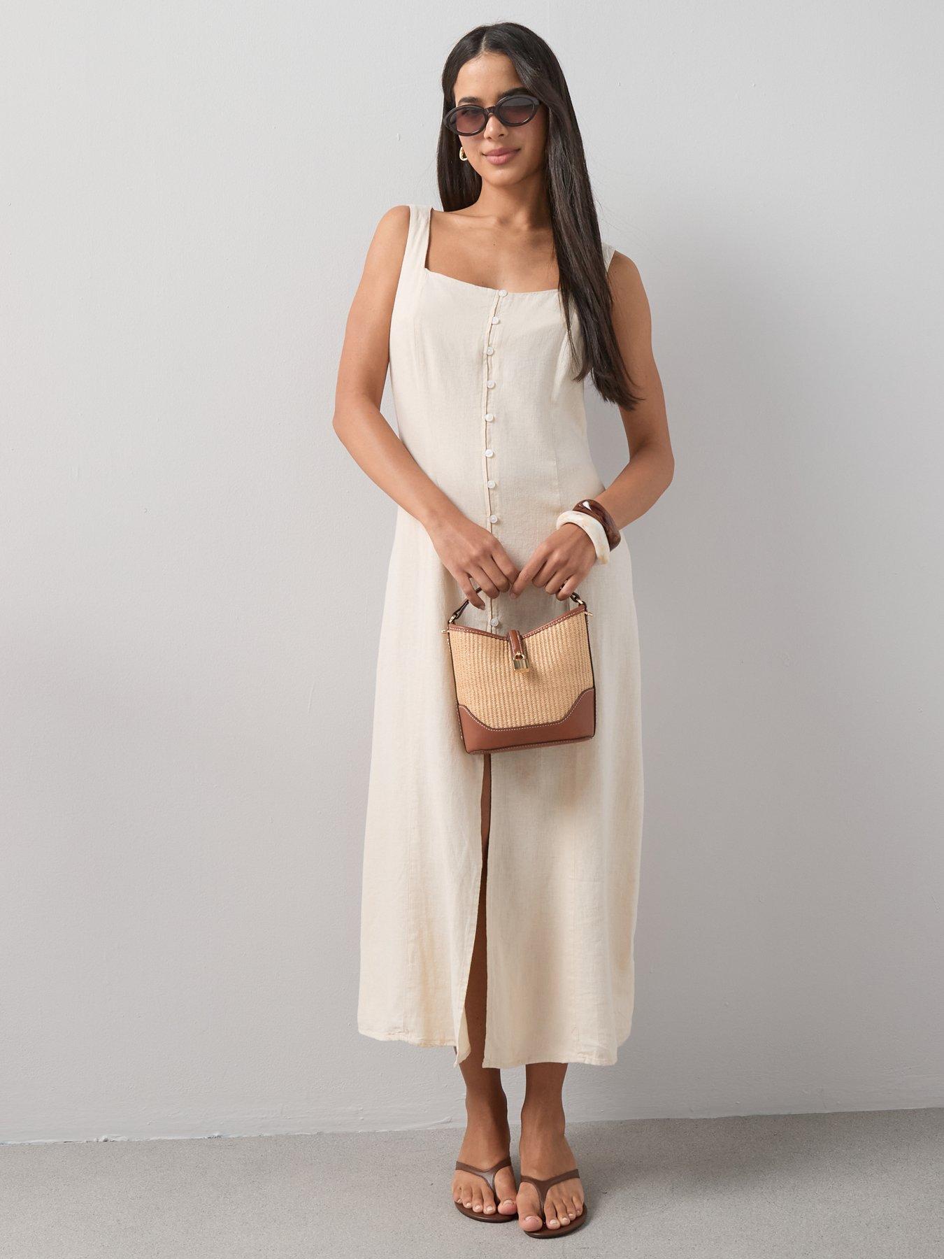  image of the-very-collection-linen-mix-button-through-midaxi-dress-cream