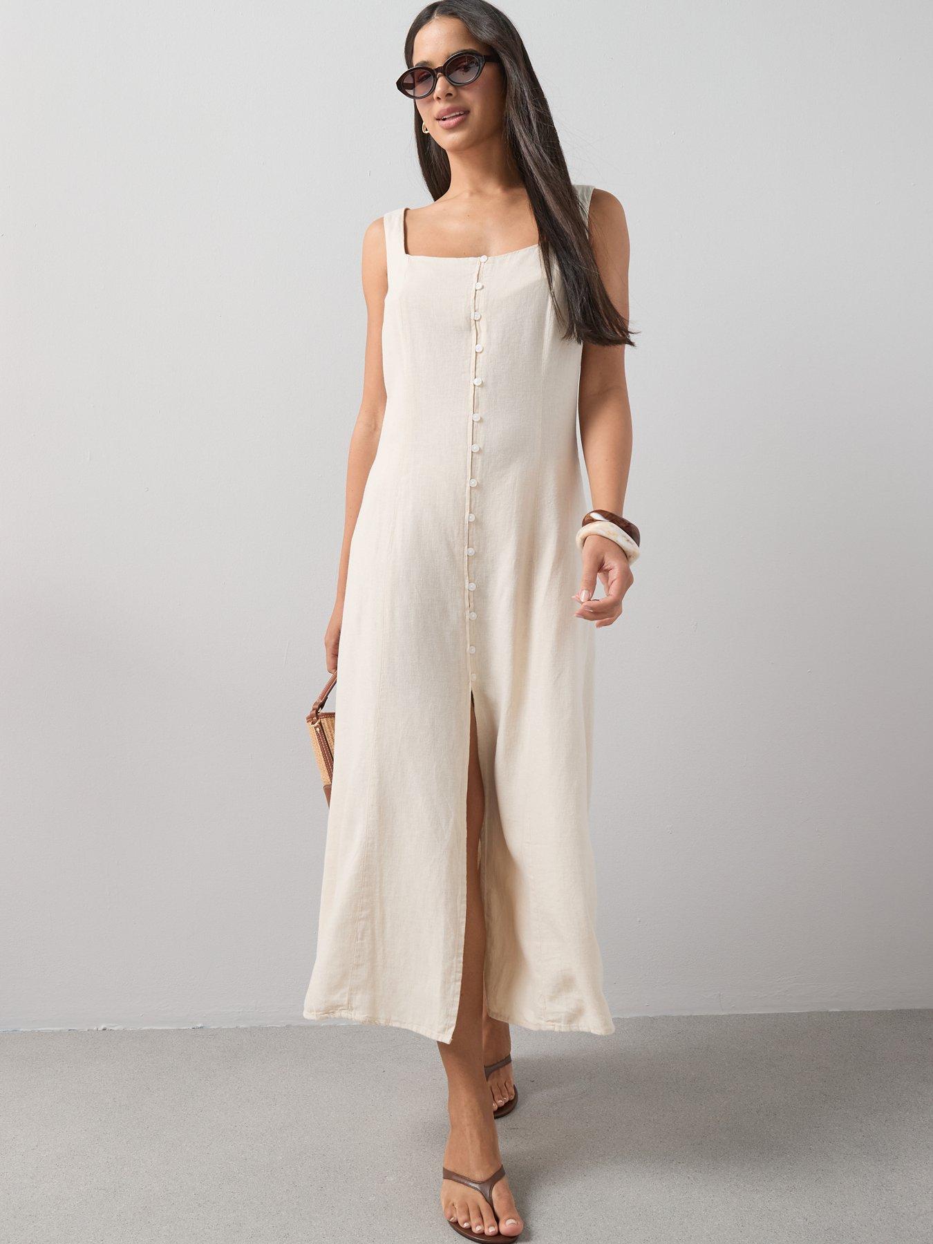  image of the-very-collection-linen-mix-button-through-midaxi-dress-cream