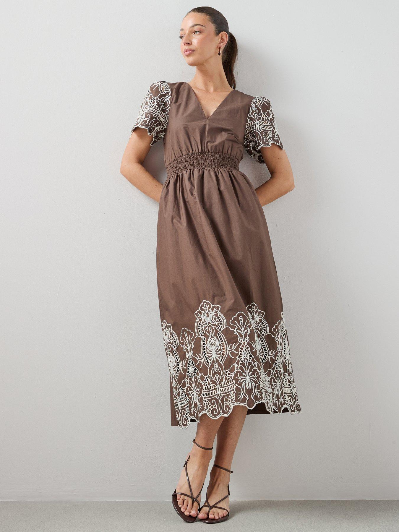 The Very Collection Broderie Contrast Detail Midaxi Dress - Brown