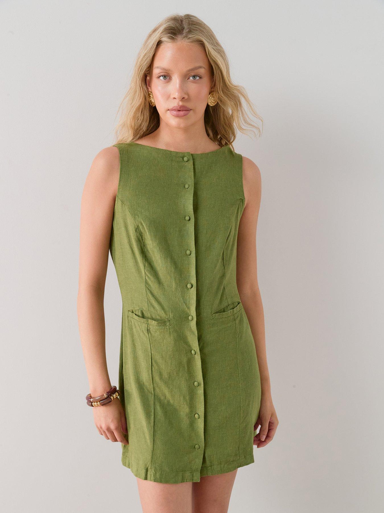 The Very Collection Linen Blend Crew Neck Mini Dress - Green