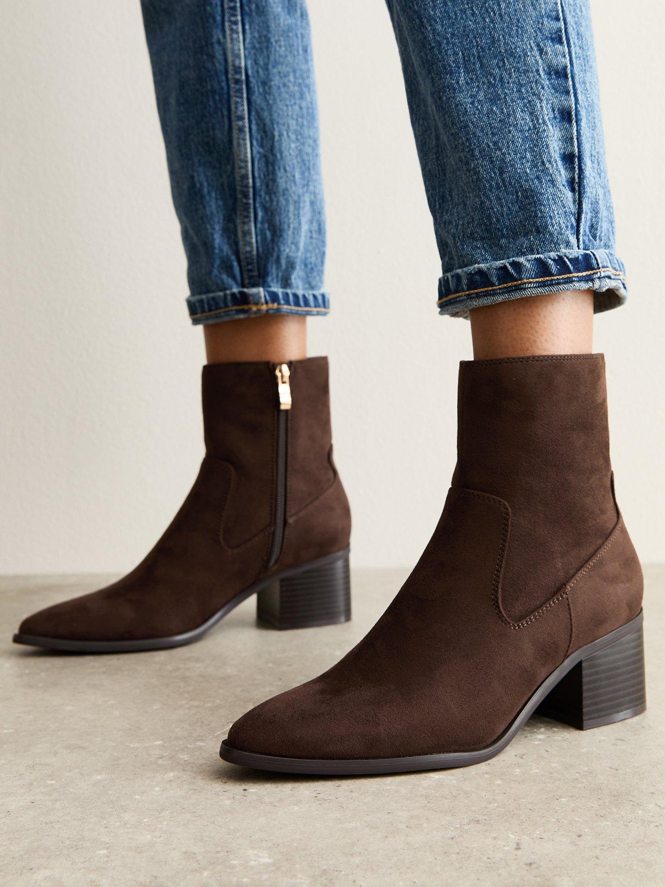 Image 1 of 6 of New Look Brown Faux Suede Block Heel Ankle Boots