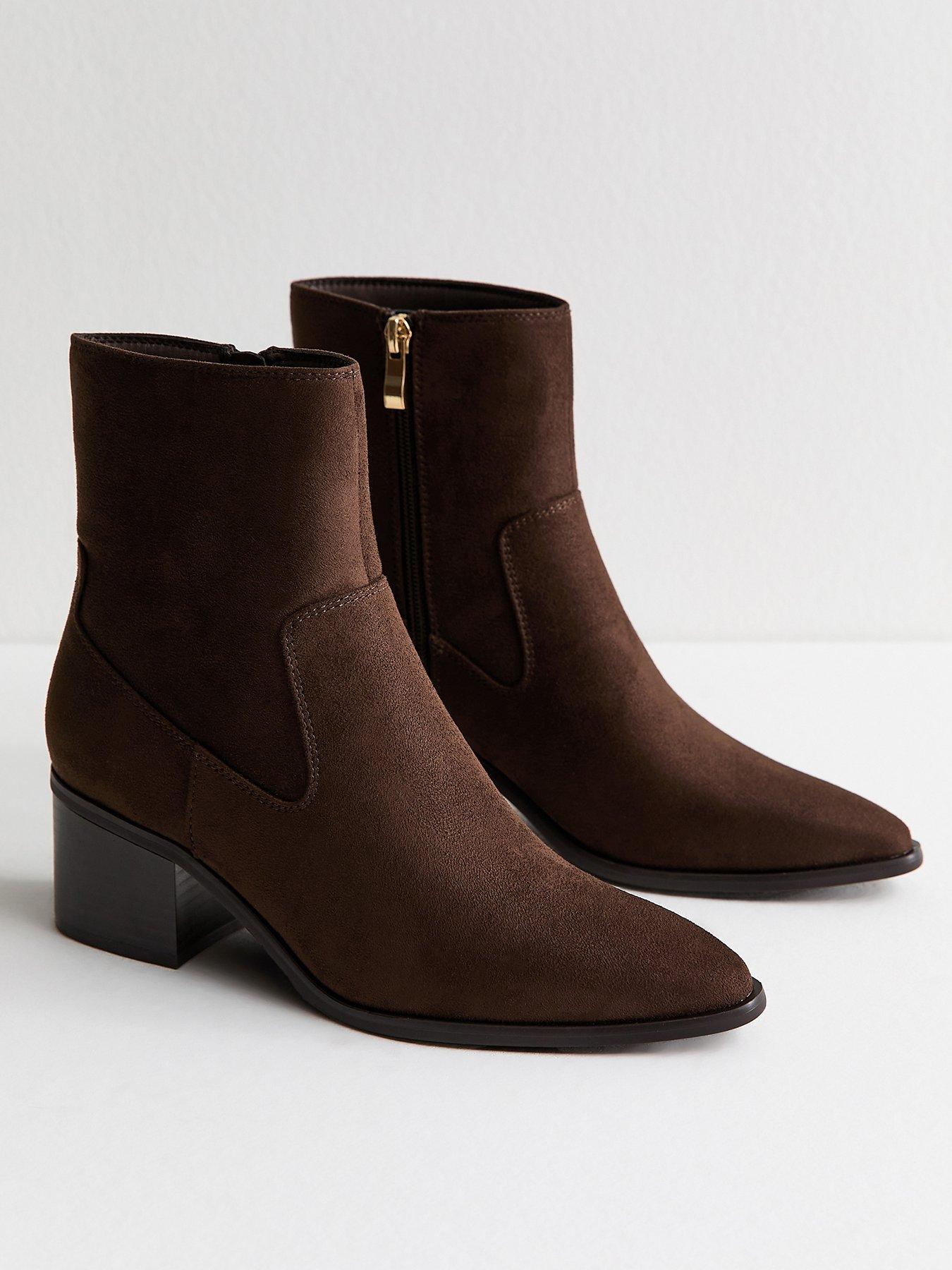 Image 3 of 6 of New Look Brown Faux Suede Block Heel Ankle Boots