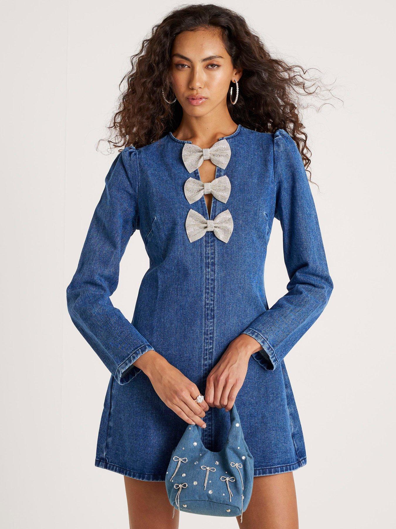 Image 3 of 4 of River Island Bow Embellished Long Sleeve Mini Dress - Blue