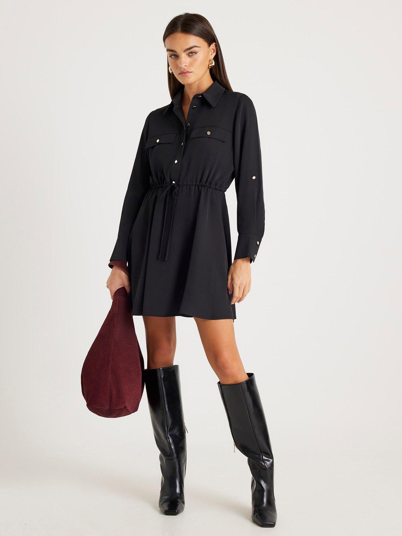  image of river-island-long-sleeve-mini-shirt-dress-black