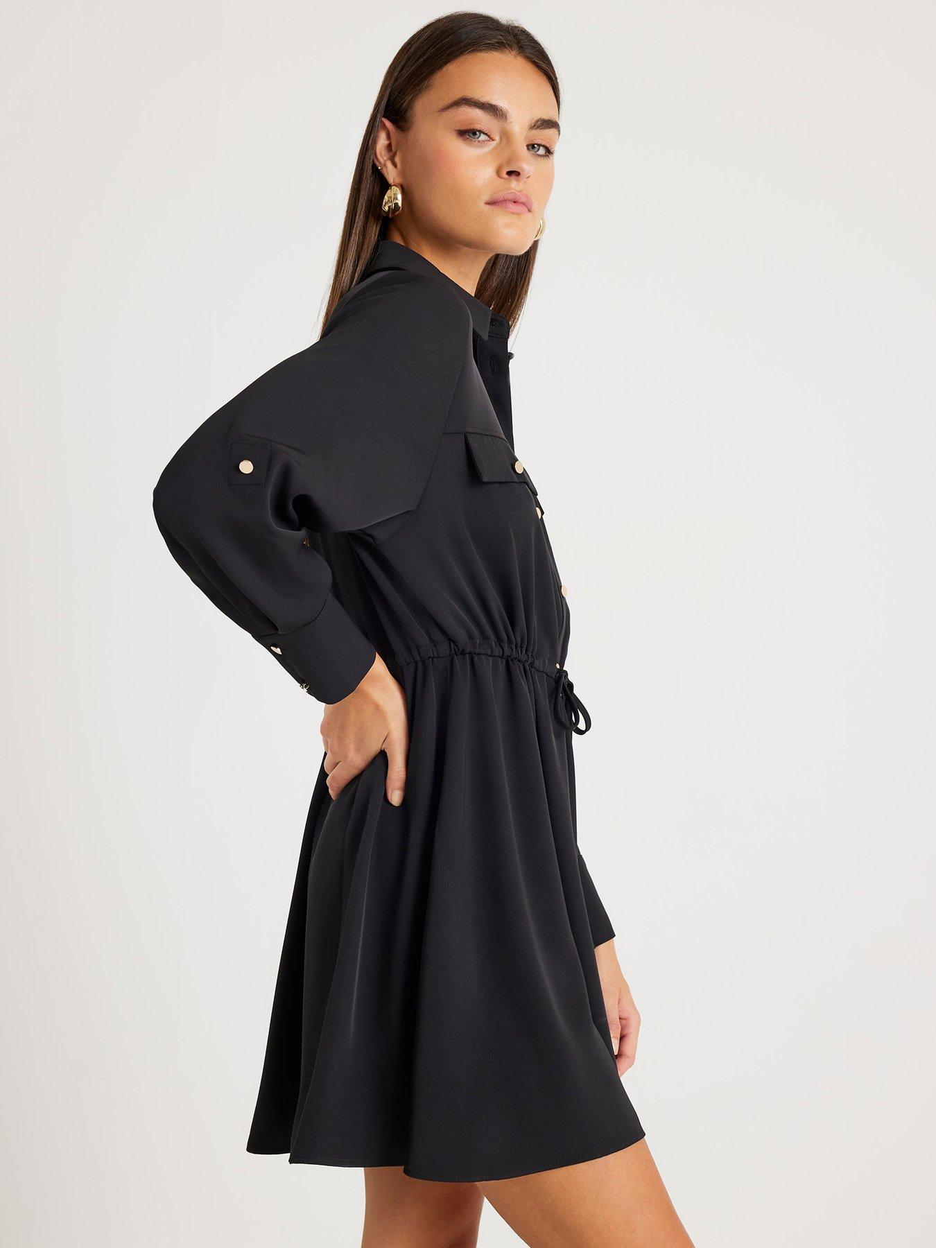  image of river-island-long-sleeve-mini-shirt-dress-black