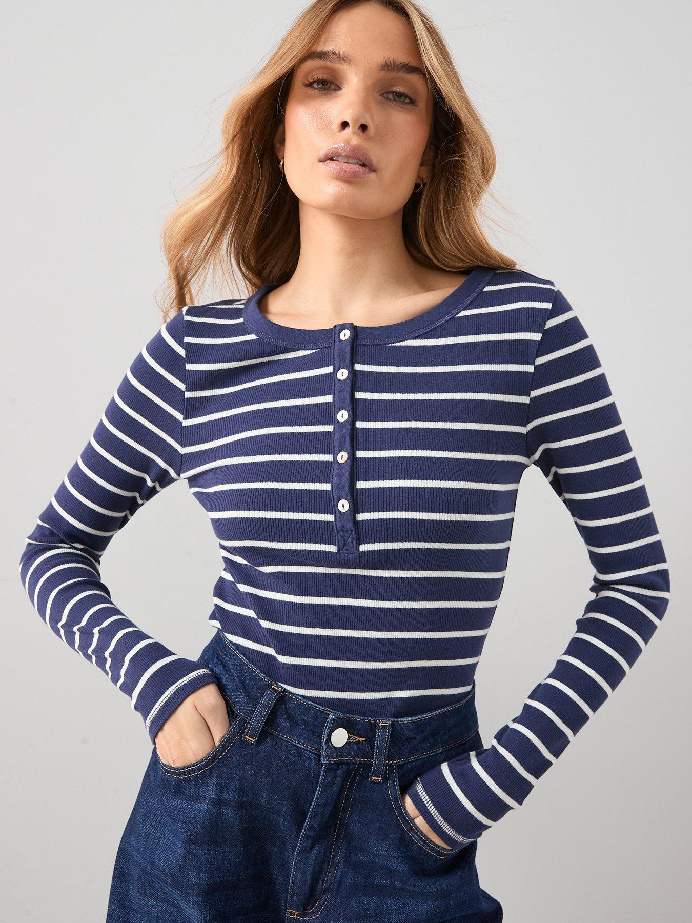 Image 1 of 7 of The Very Collection Stripe Ribbed Long Sleeve Henley - Multi