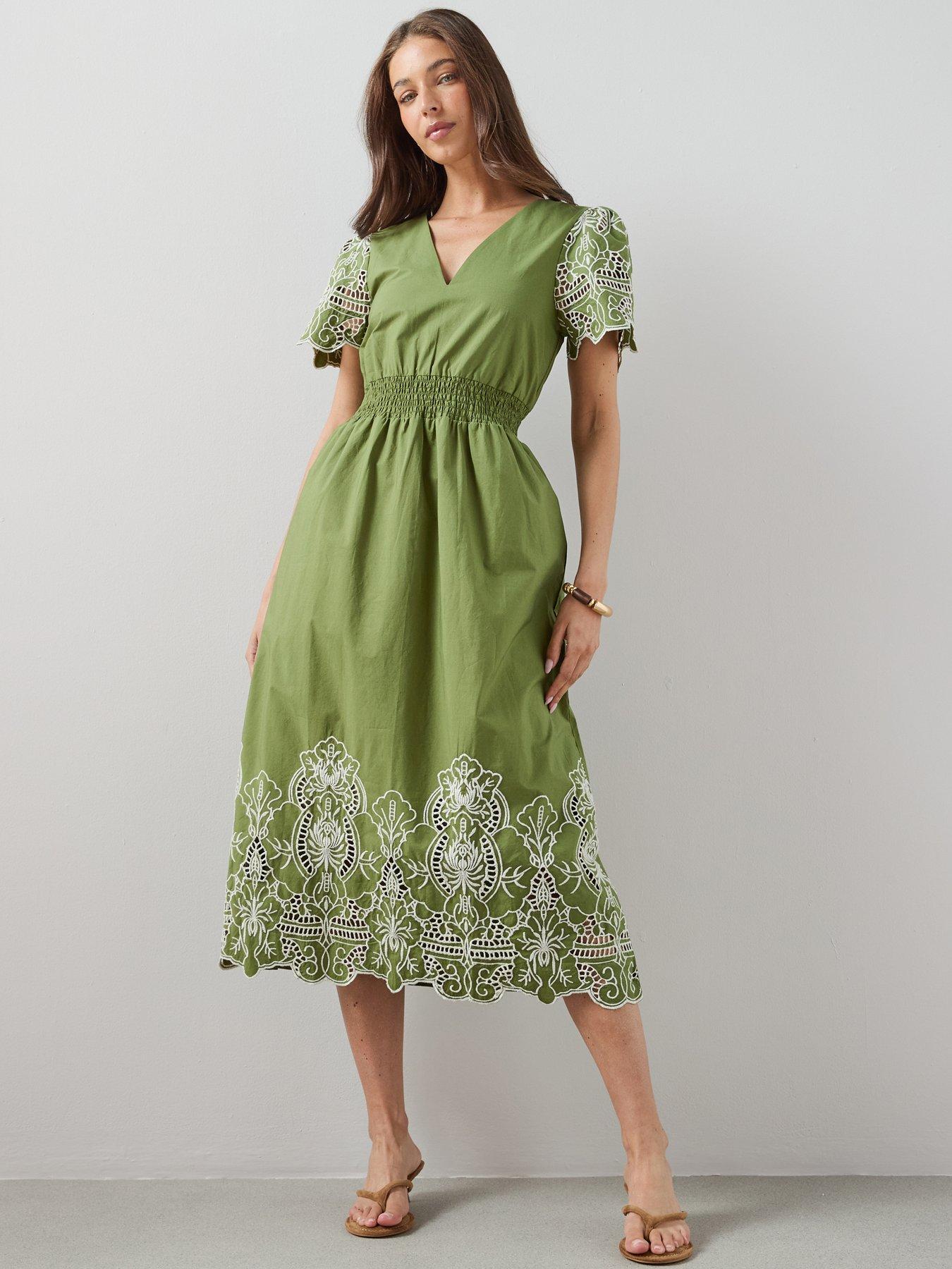 The Very Collection Broderie Contrast Detail Midaxi Dress - Green