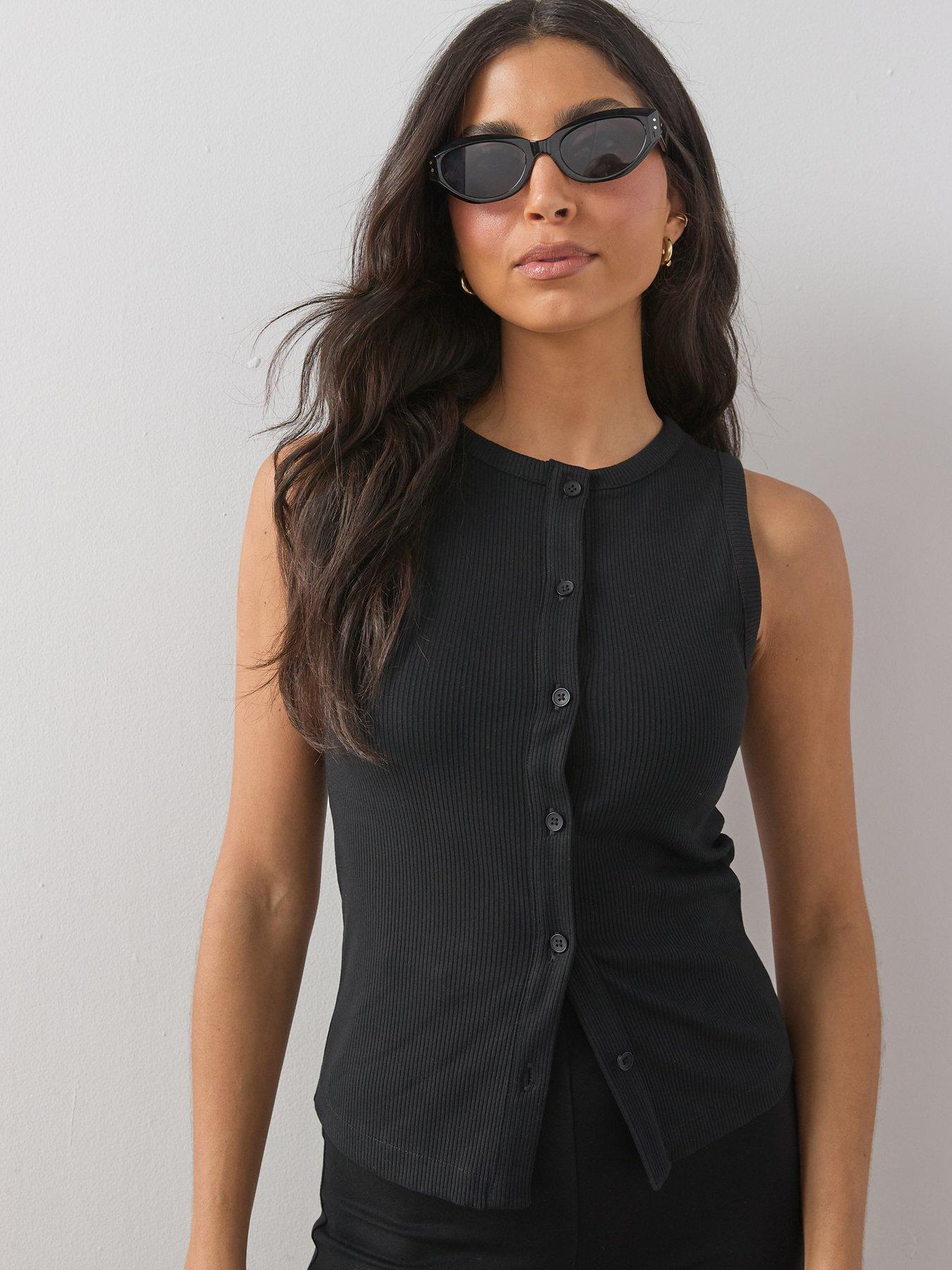 Image 1 of 7 of The Very Collection Button Thru Ribbed Vest - Black