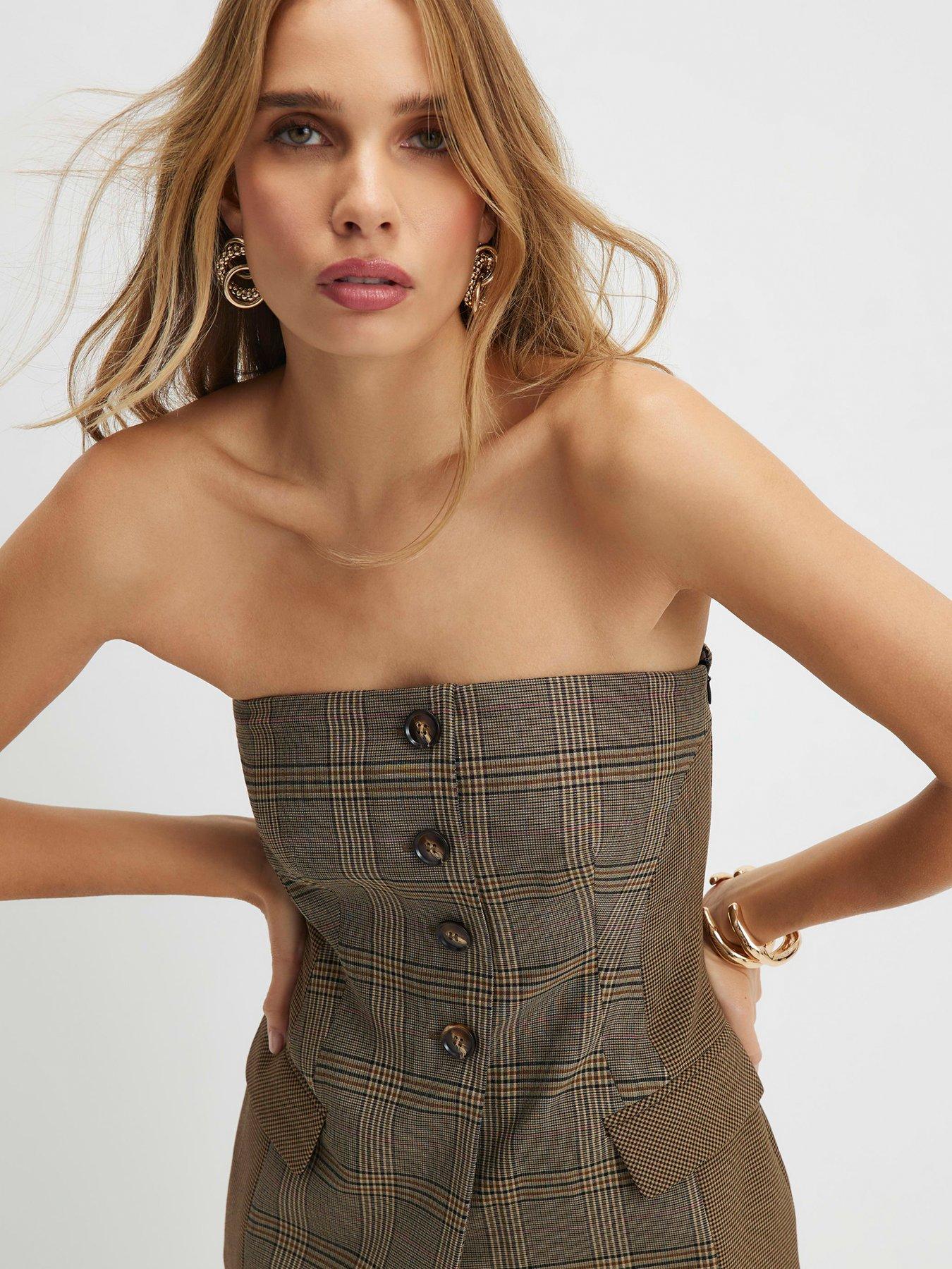 Image 1 of 4 of River Island Check Print Sleeveless Bandeau Top - Brown