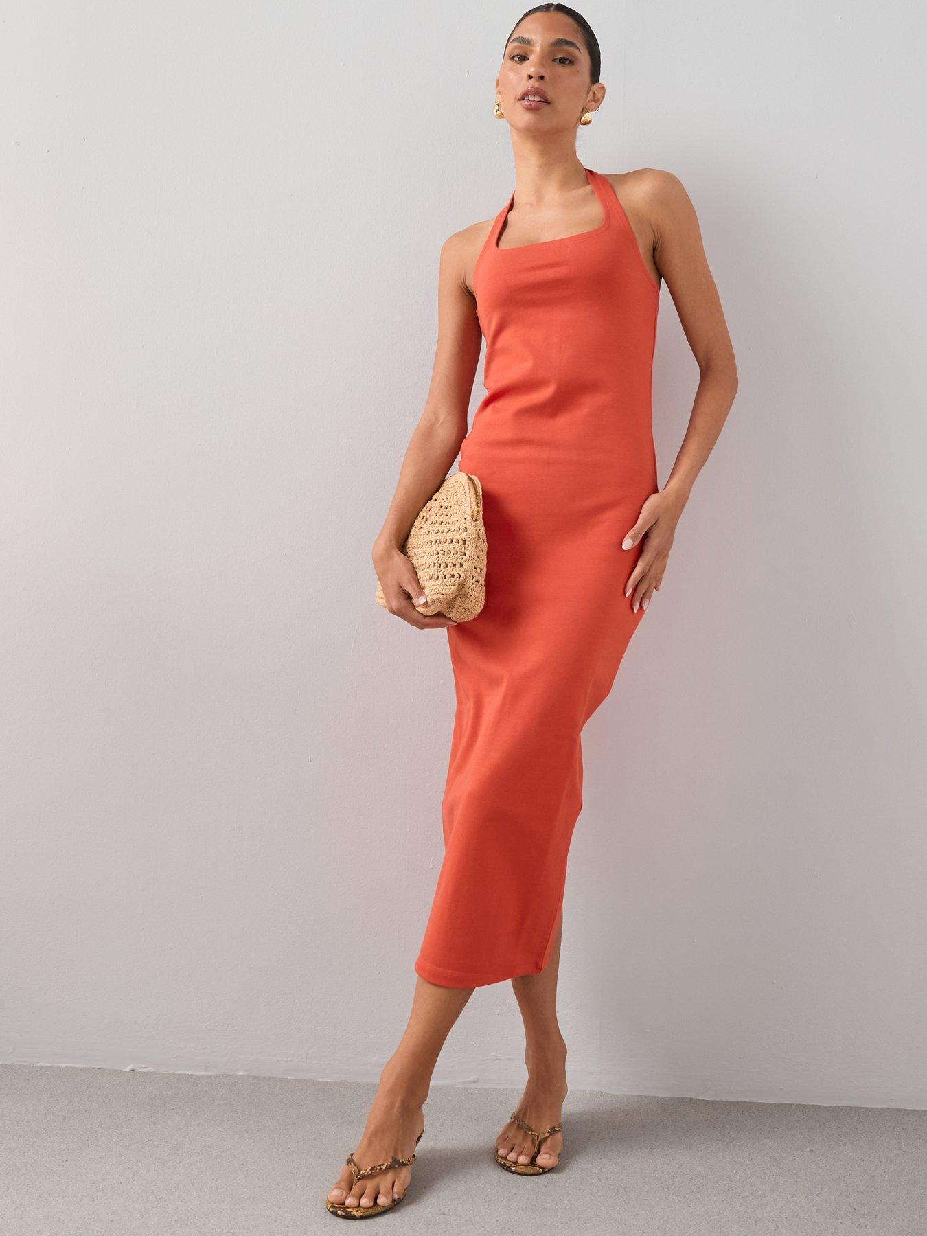 The Very Collection Fitted Halter Midi Dress - Orange