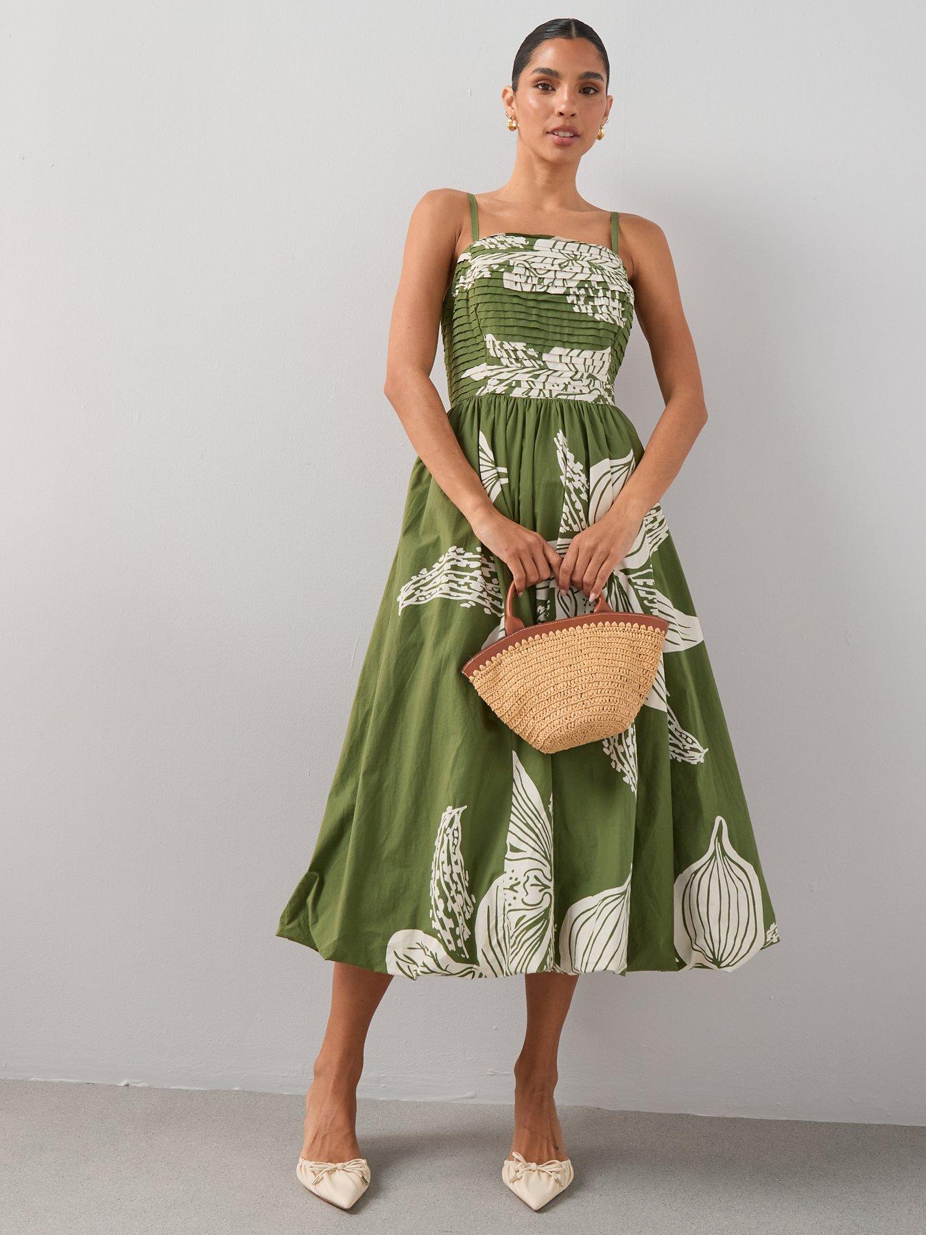 The Very Collection Pintuck Detail Puffball Midi Dress - Green | Littlewoods