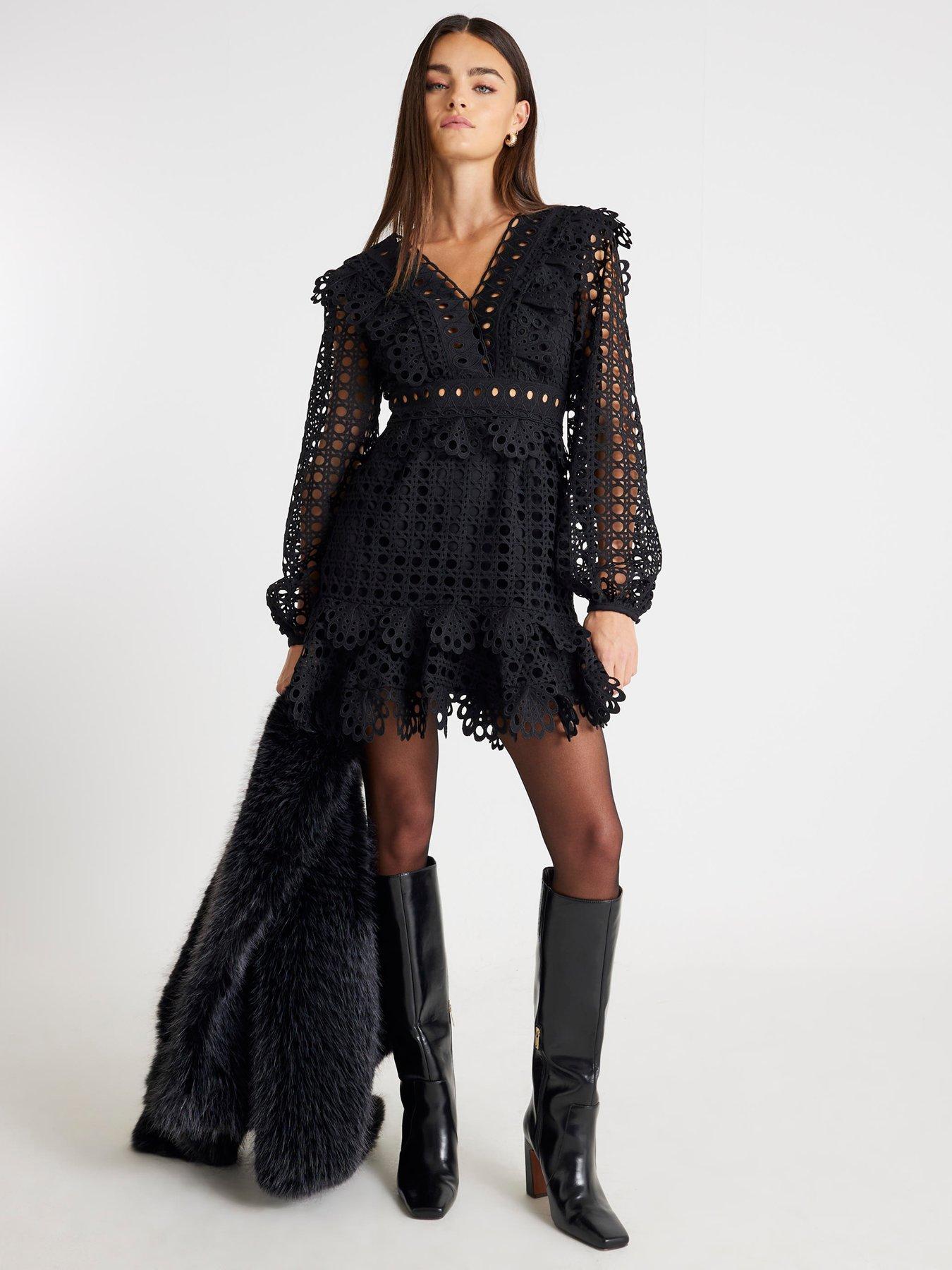  image of river-island-long-sleeve-lace-mini-dress-black