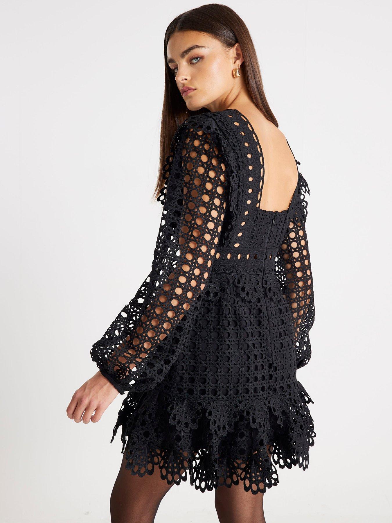 stillFront image of river-island-long-sleeve-lace-mini-dress-black