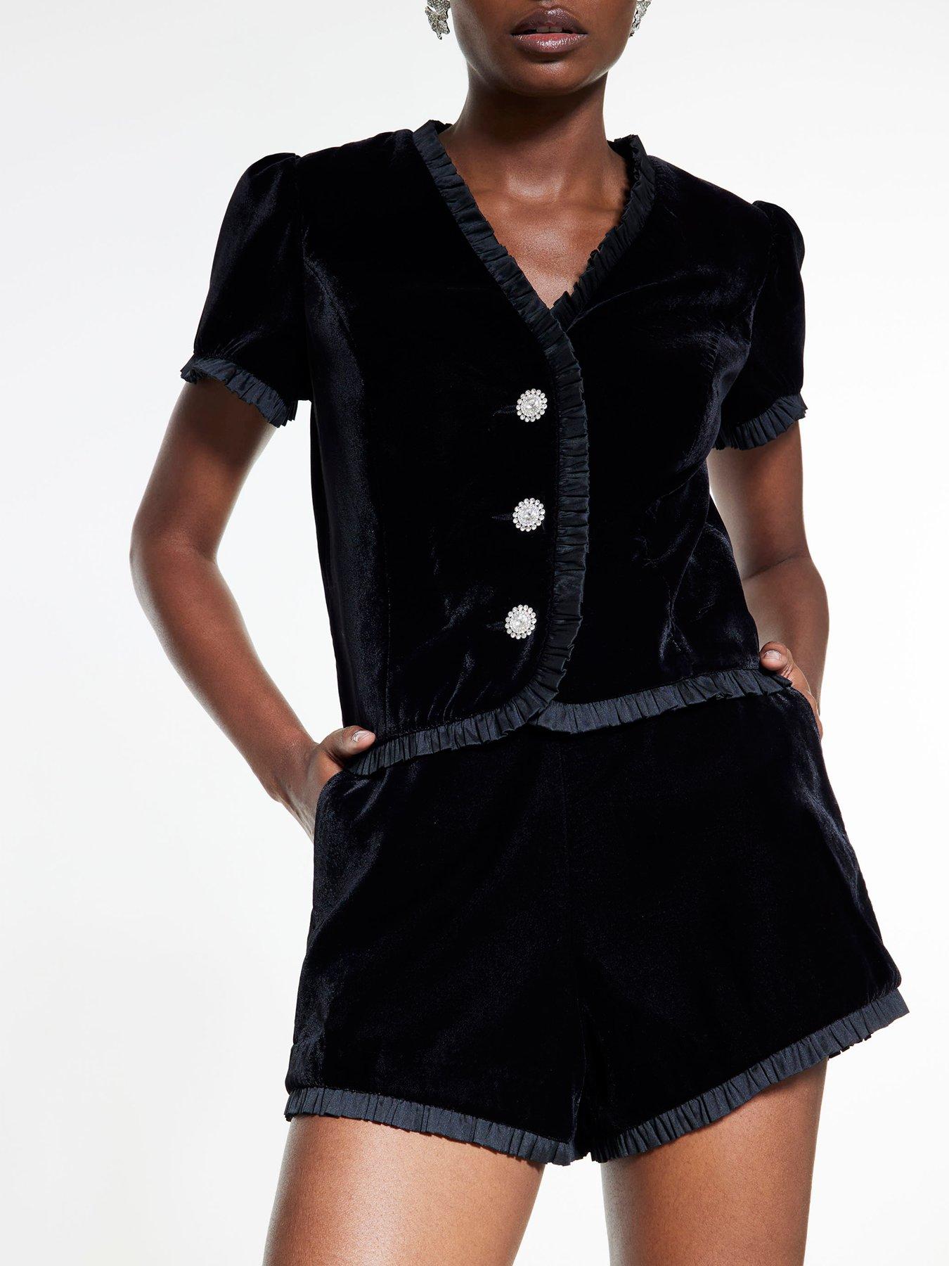 Image 4 of 4 of River Island Velvet Frill Shorts - Black