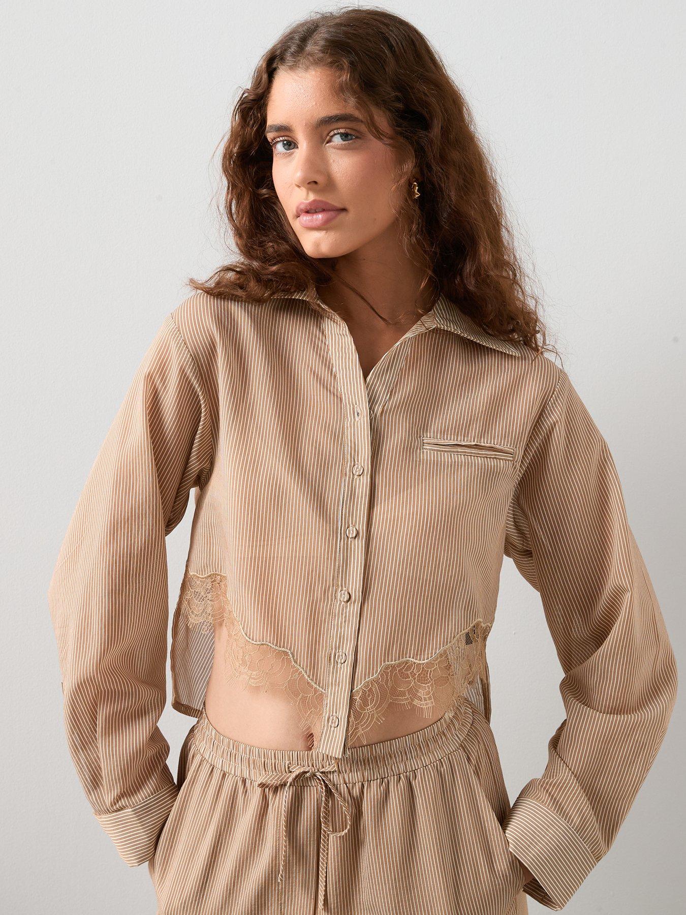 The Very Collection Lace Insert Co-Ord Cropped Shirt - Brown